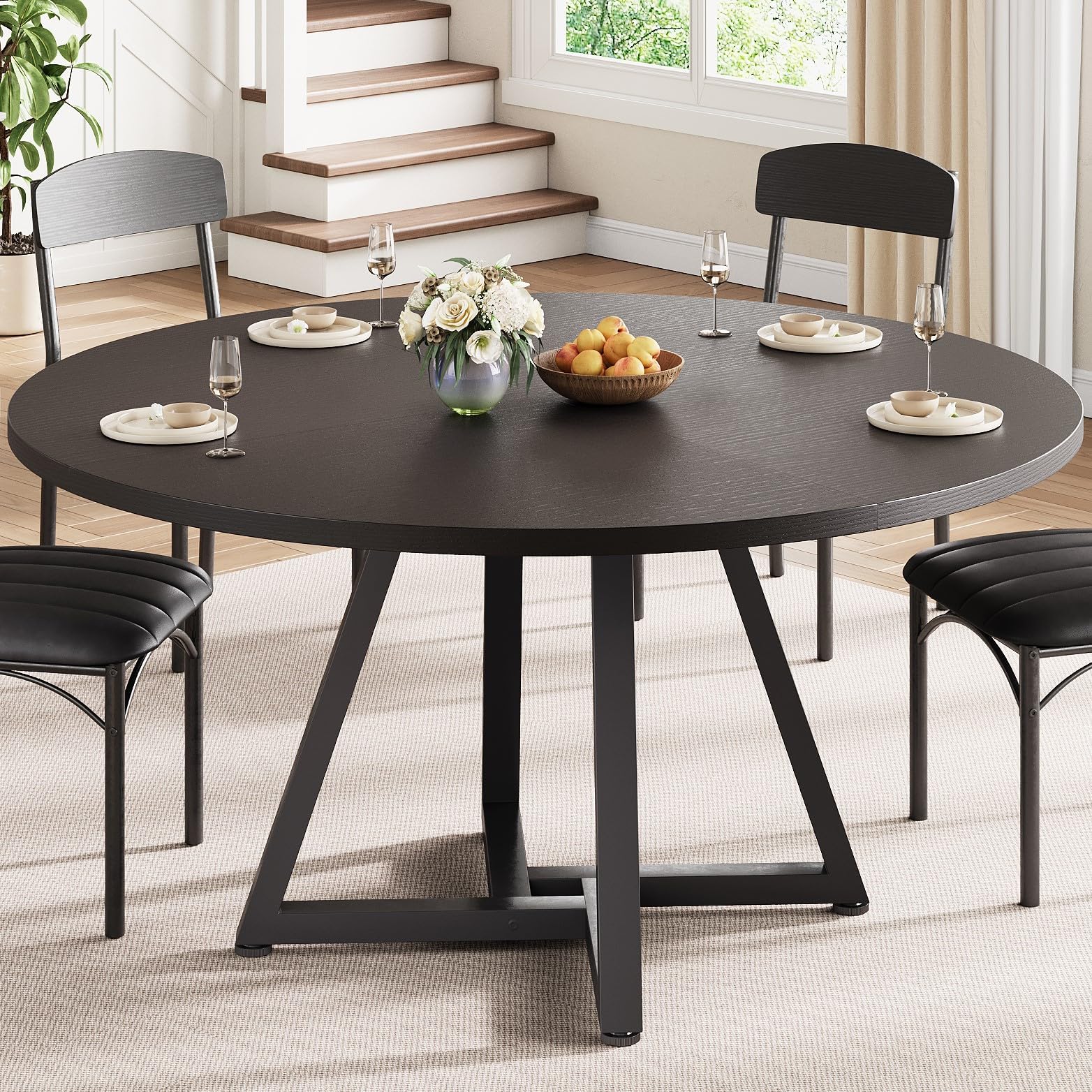 Jocoevol Runder Esstisch für 4 Personen, Küchentisch mit stabilem Metallgestell, platzsparender Esszimmertisch im Industrial Design (Schwarz, 120x120x76cm)