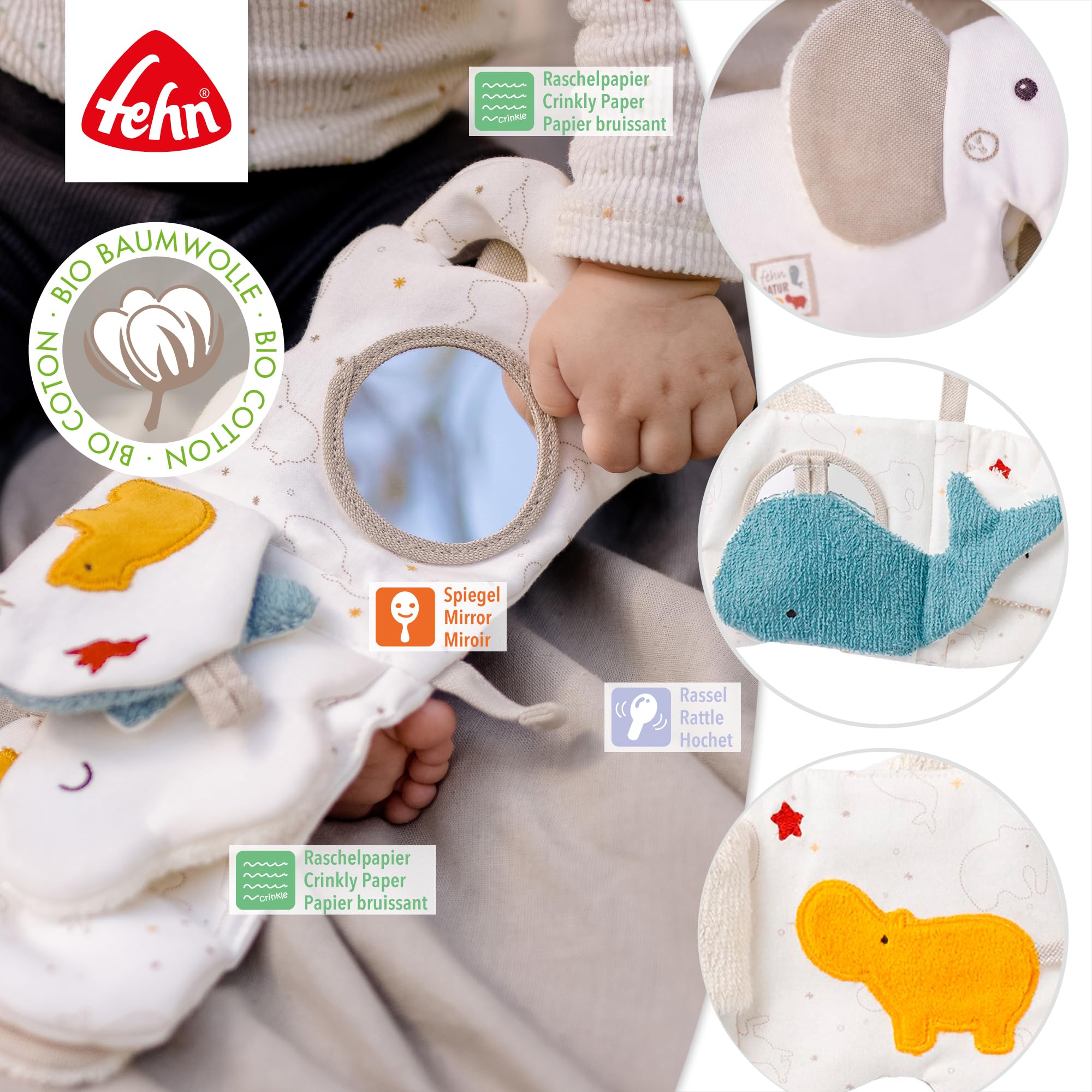 Sophie la Girafe – Sophie la Girafe Geschenkbox zur Geburt + Beißring & Fehn Soft Bilderbuch Elefant – Baby Fühlbuch mit Bio Baumwolle Stoff mit Tier Motiven