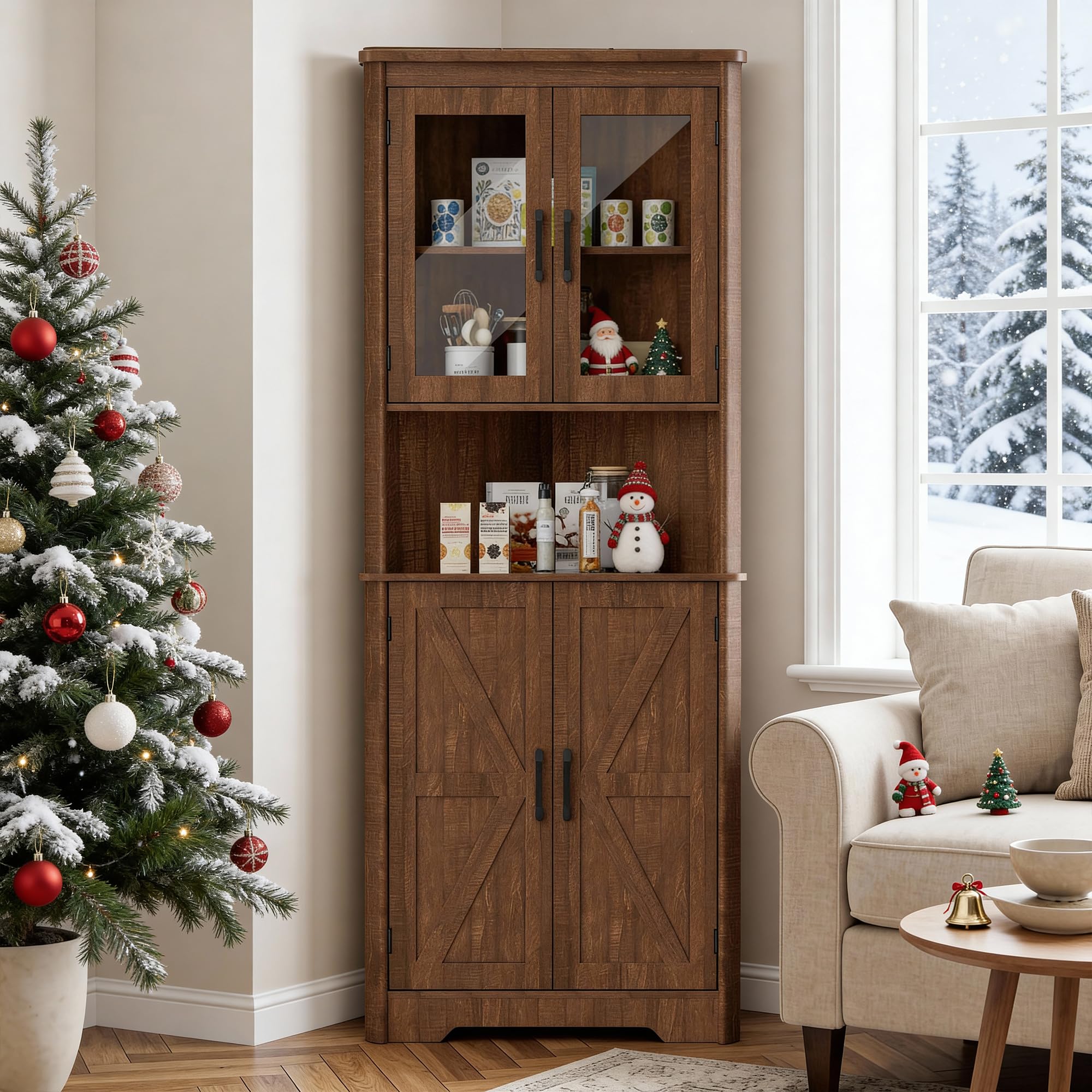 BonVache Eckschrank, hoher schmaler Badezimmerschrank mit 2 Türen und 5 Ablageflächen, Aufbewahrungsschrank für Küche, Schlafzimmer, Wohnzimmer, 170 cm Eckregal, Braun