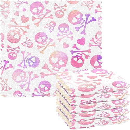 Funny Skulls Love Pink Purple 6 Pack Absorbent Microfiber Towels Kitchen Decor Quality Kitchen Tea Towels for Countertop Oven