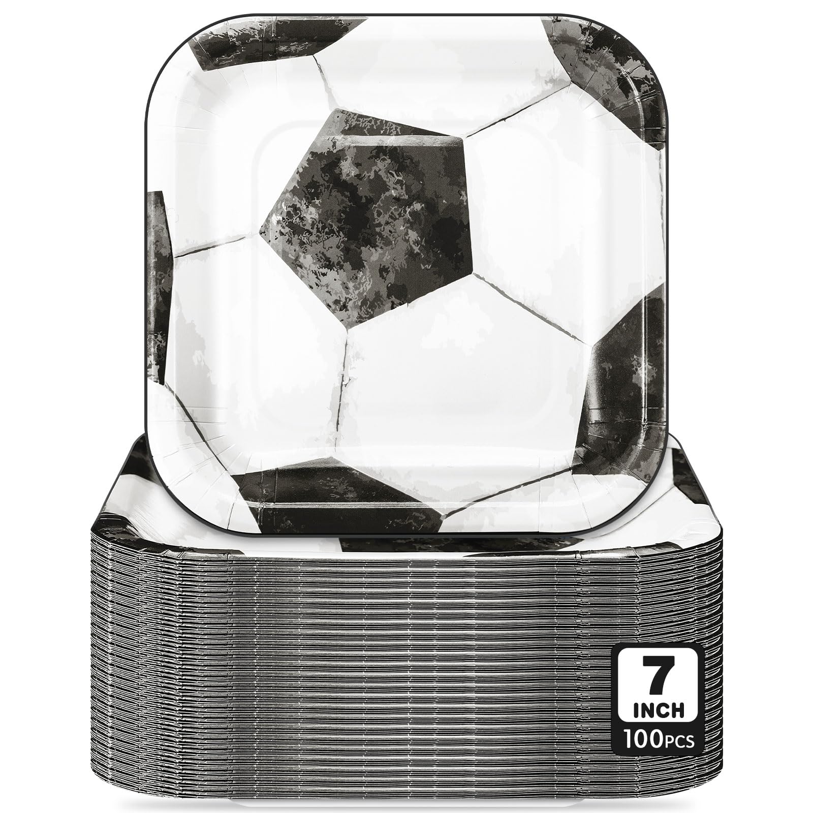 Potchen 100 Pcs Vintage Soccer Paper Plates Bulk 7 x 7 Inch Soccer Birthday Party Supplies Disposable Square Paper Plates for Birthday Boys Baby