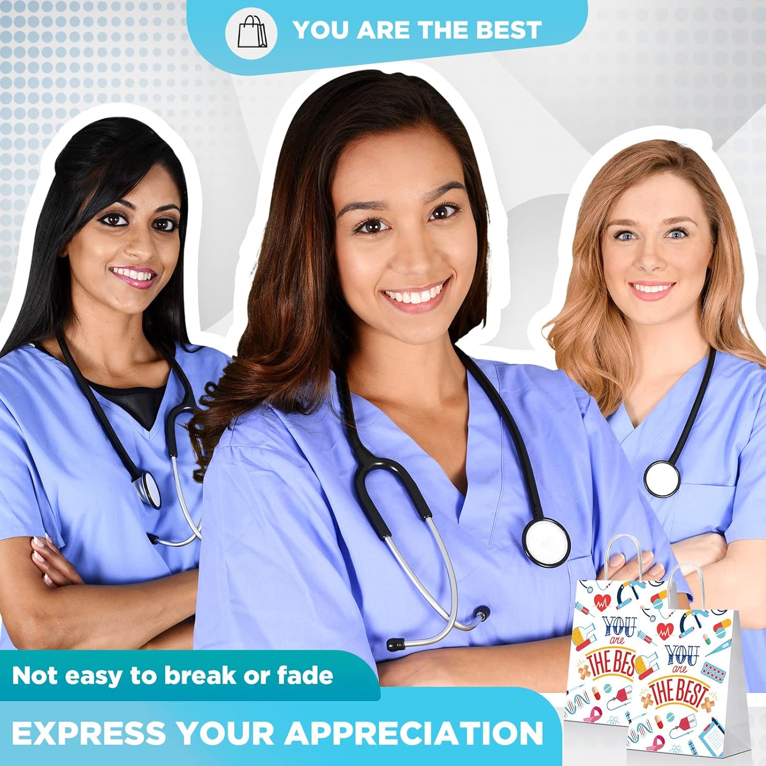 48 Pcs Nurses Week Gift Bags Nurse Appreciation Kraft Paper Bag Bulk You Are The Best Nurse Thanks Treat Bags with Handle for Nurses Day Doctor Staff Healthcare Workers Party Supplies, 8 x 6 x 3 Inch