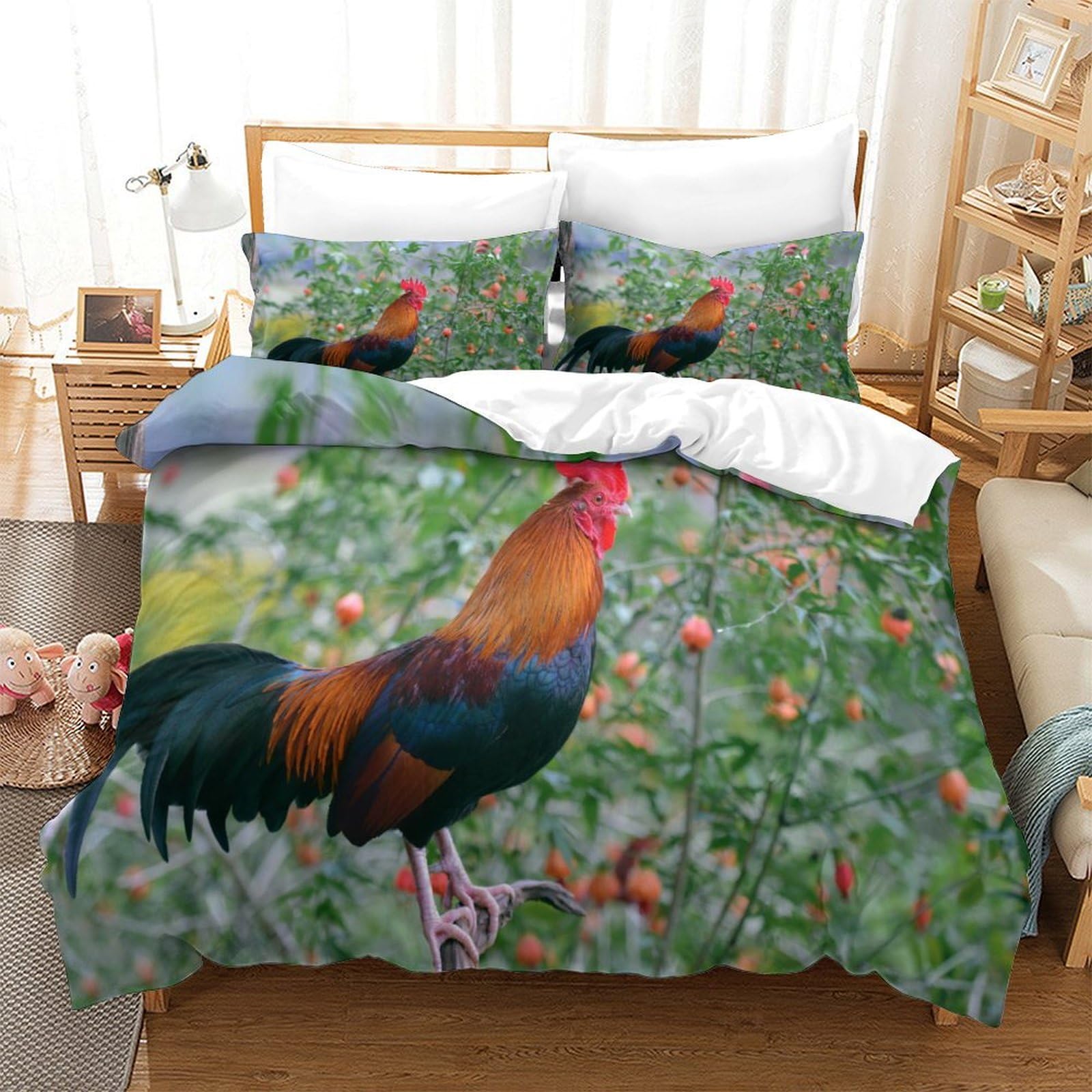 P1s9u7w5y Gallic Rooster 3D Printed Rustic Rooster Duvet Cover Set 3Pcs Microfiber Farm Animal Bedding Set King（220X240cm）