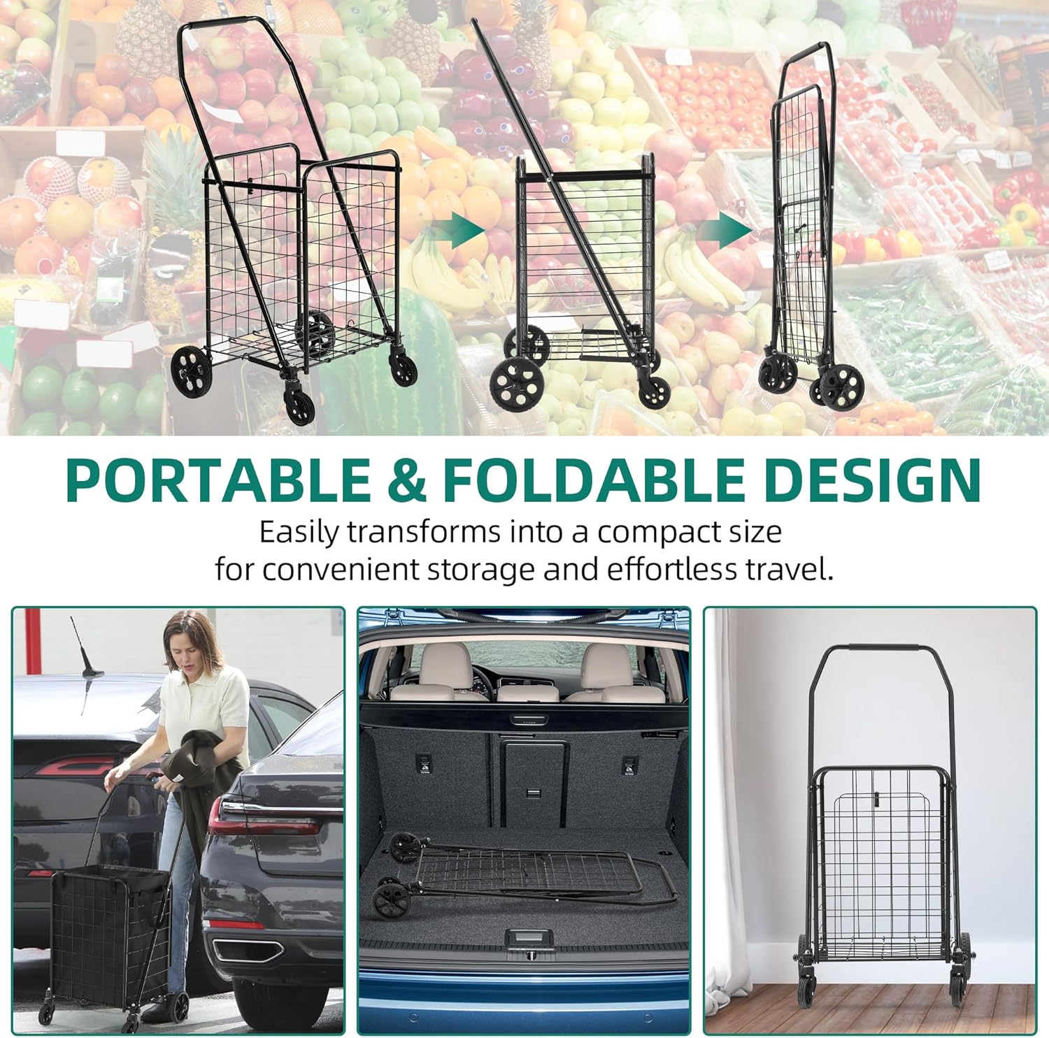 YITAHOME Folding Shopping Cart with Liner, Foldable Grocery Cart with Wheels for Seniors, Portable Collapsible Utility Carts for Shopping, Groceries, Laundry & Storage