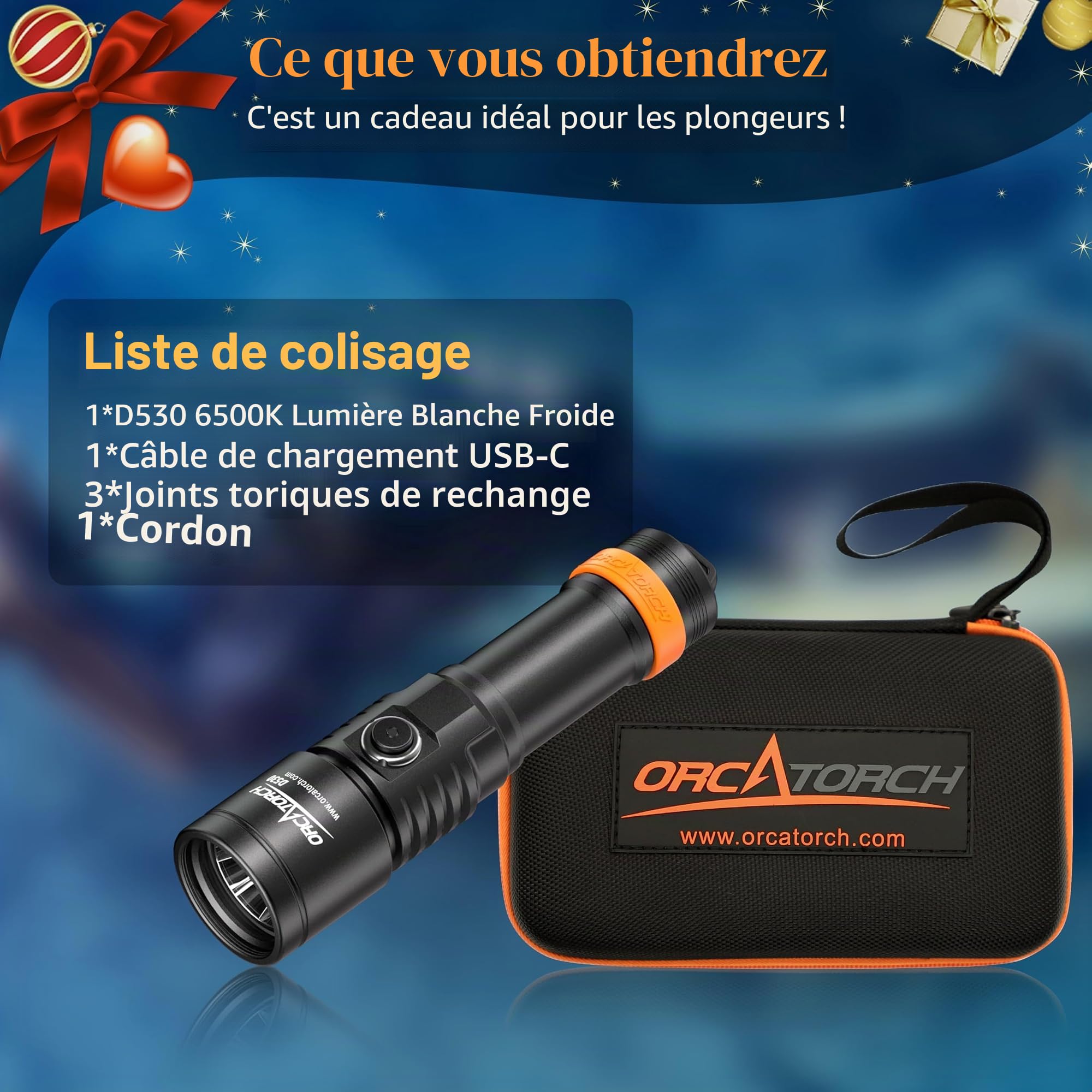 ORCATORCH D530 Lampes de Plongée, 1500 Lumens Lampe Plongée Sous Marine 7 Degrés Angle de Faisceau étroit Interrupteur Bouton Latéral en Alliage de Titane 2 Modes pour Plongée Sous-marine 150 Mètres
