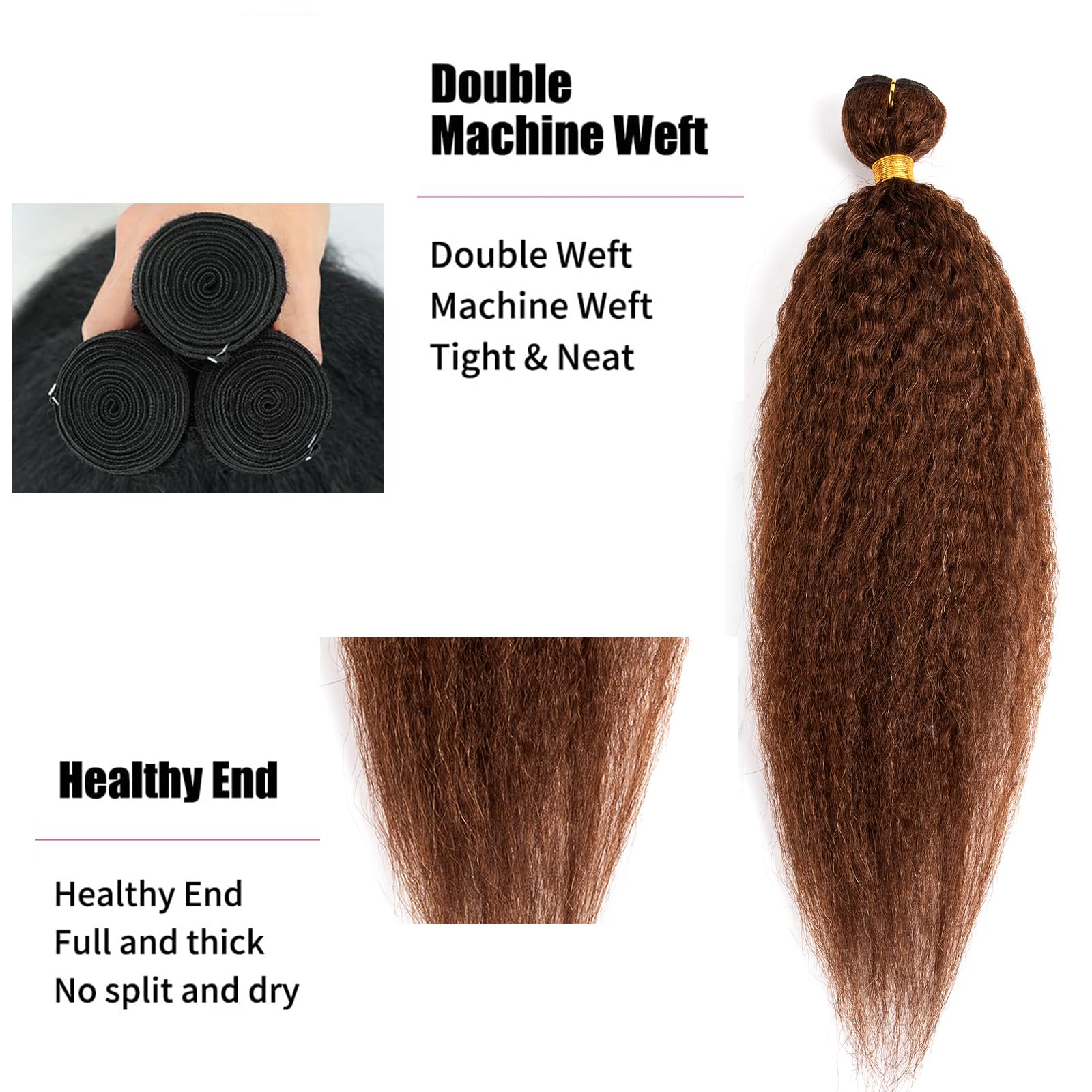 18 Inch Brown Kinky Straight Bundles Human Hair Yaki Straight Human Hair Bundles Remy Hair Yaki Straight Bundles for Black Women Natural Human Hair Bundles - Image 2