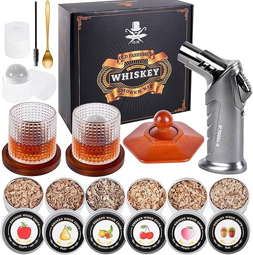 Kit de ahumador de whisky con antorcha, chips de madera de 6 sabores, 2 vasos de whisky giratorios, 2 moldes de bolas de hielo, kit infusor de