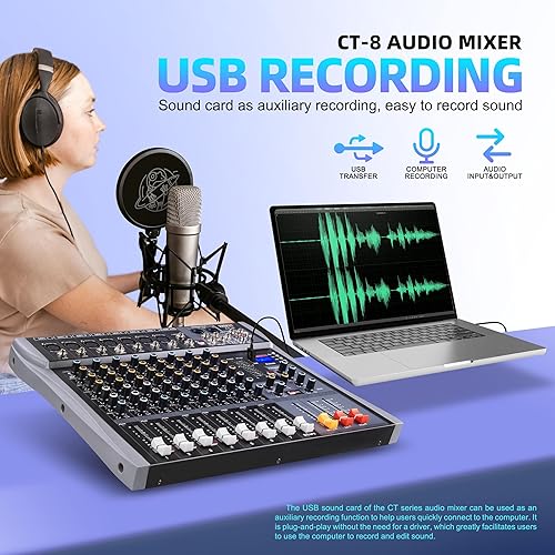 Miniatura 8 de Mezclador de audio Froket CT-8 Consola de mezcla de sonido profesional de 8 canales con Bluetooth USB 48 V Potencia en tiempo real Función de