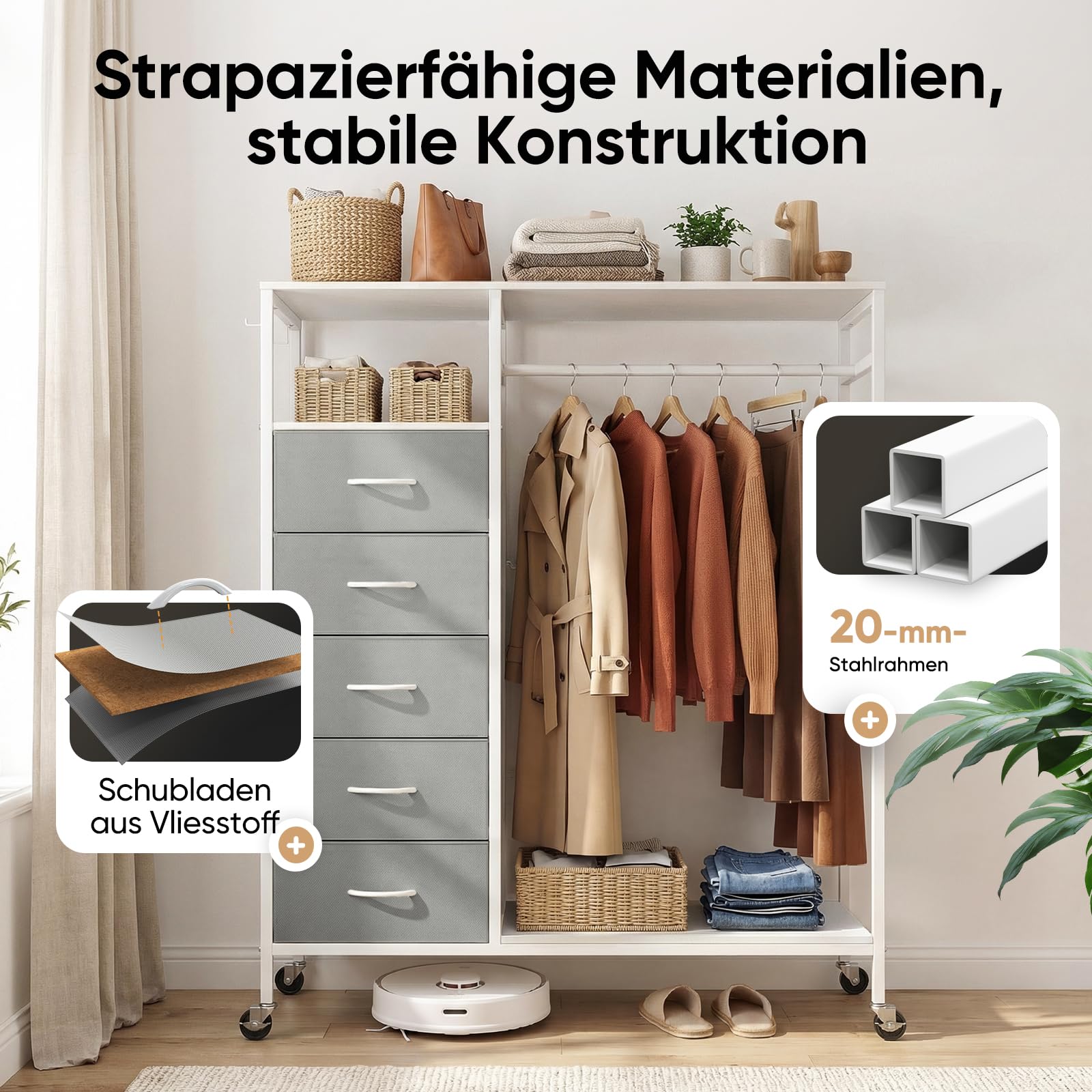HOKEEPER Kleiderständer auf Rollen | Kleiderstange, Kleiderschrank, Clothes Rack, 4 Rollen, 2 feststellbar, einfache Montage, langlebig, Offener Kleiderschrank