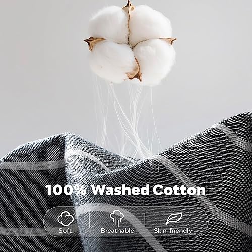 Miniatura 2 de JELLYMONI Funda de edredón de algodón tamaño matrimonial, funda de edredón gris a rayas con botón, 100% algodón lavado, 3 piezas, transpirable,