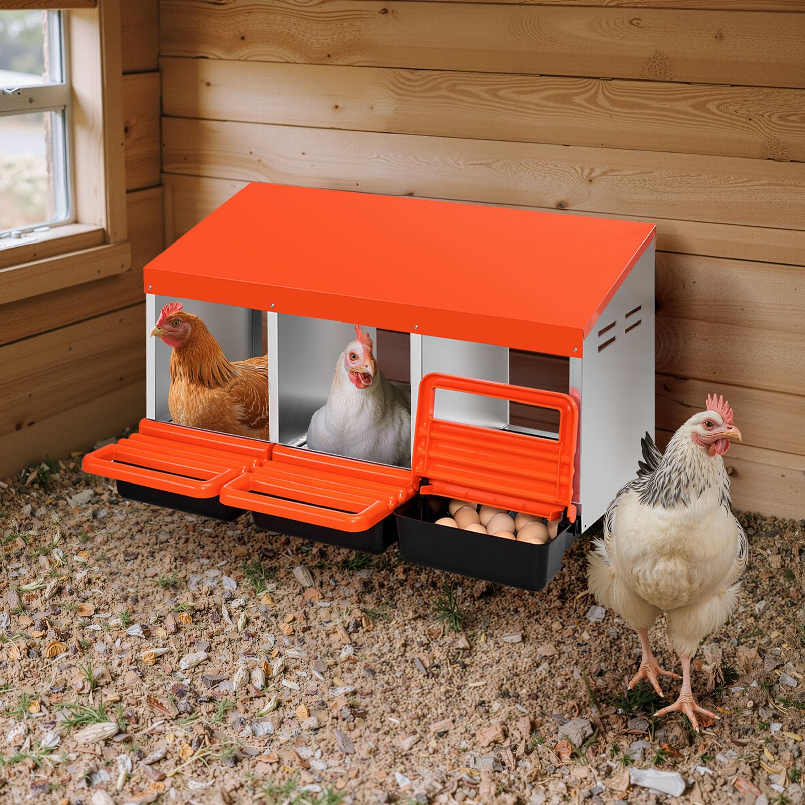 VEVOR Nido con Cassette di Incubazione per Uova 3 Scomparti, Scatole per la Deposizione delle Uova in Metallo con Coperchi di Raccolta Protettivi, Facile da Montare, Ideale per Galline, Arancione
