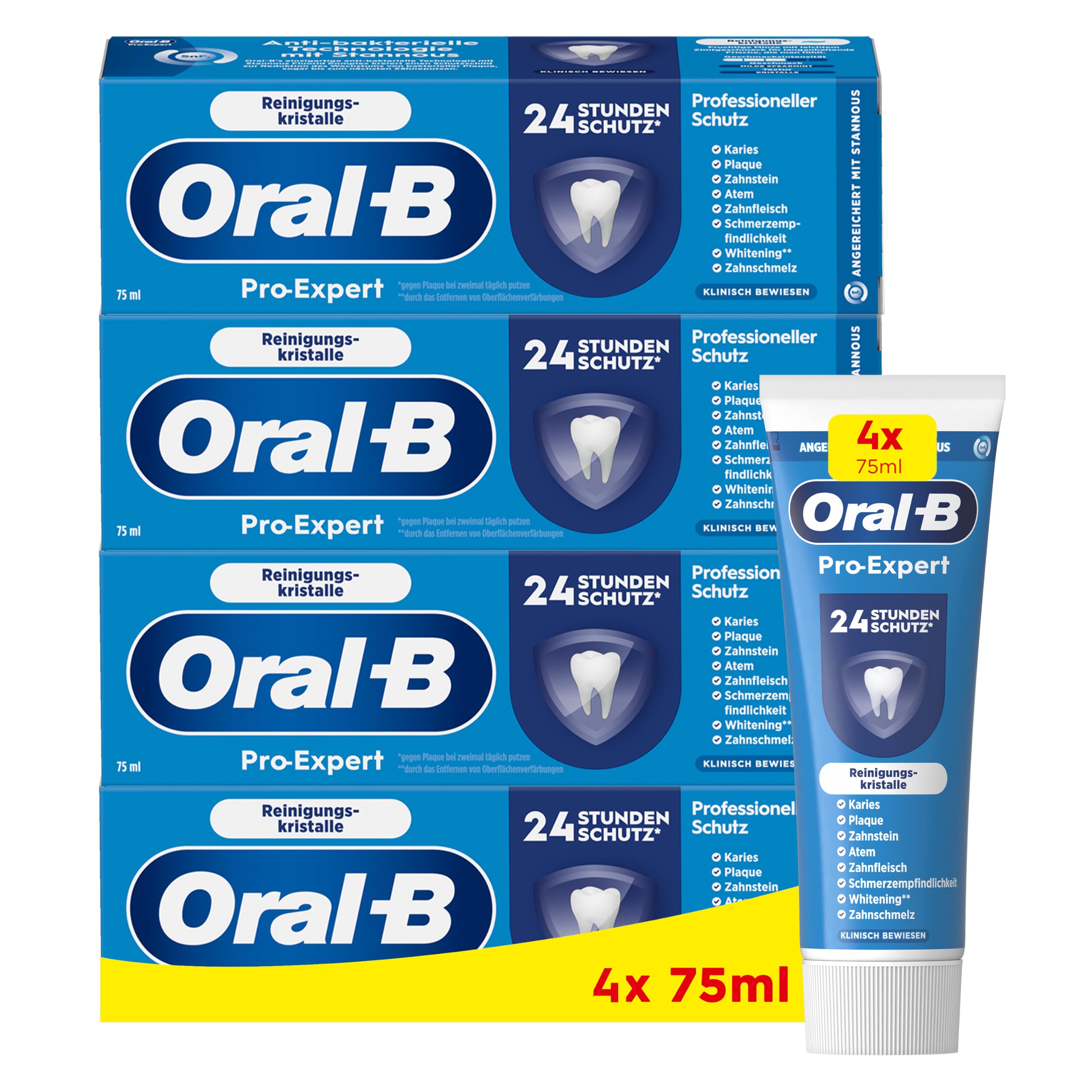 Oral-B Pro-Expert Professioneller Schutz Zahnpasta, 4X 75ml | Bekämpft Plaque und bildet einen Schutzschild, Zahnreinigung mit Stannous Fluorid Technologie