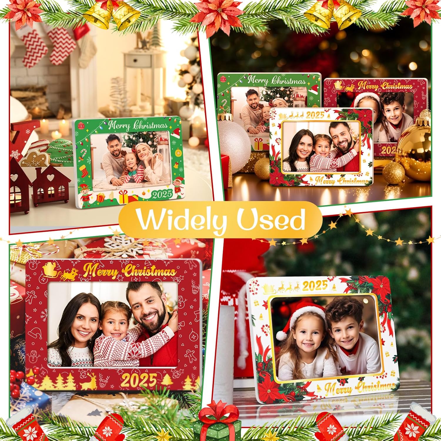 Qunclay 3 Pcs Christmas Picture Frame 4x6 Inch 2026 Xmas Wooden DIY Red Green and White Stripes Photo Frames Decorations Gift for Family Friends Holiday Gifts Xmas Decorative Home Souvenir(Christmas)