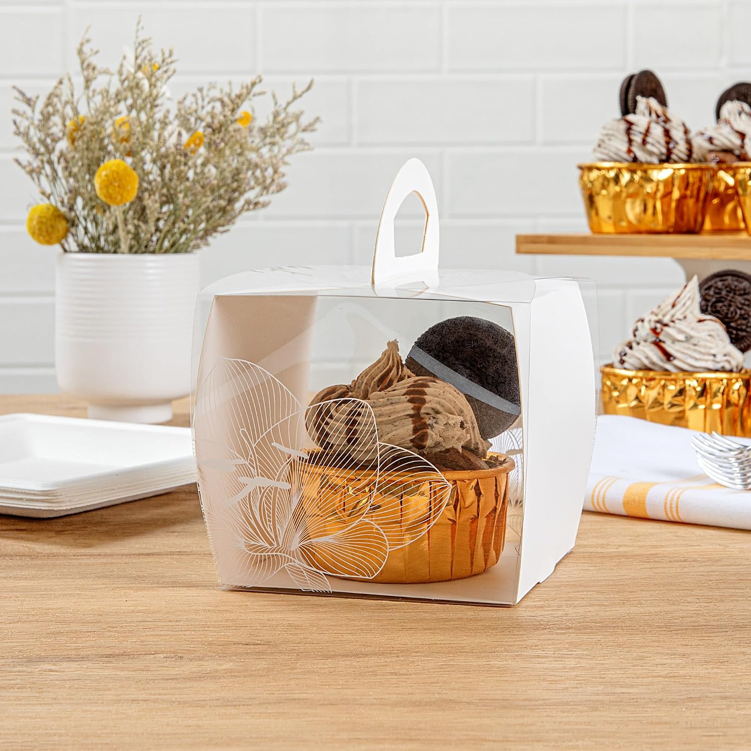 Restaurantware-4 Inch x 4.25 Inch Individual Cupcake Boxes, 100 Disposable Cupcake Display Boxes - With Handle, Lotus Accent, Clear Plastic Single Cupcake Containers, For Weddings Or Birthdays