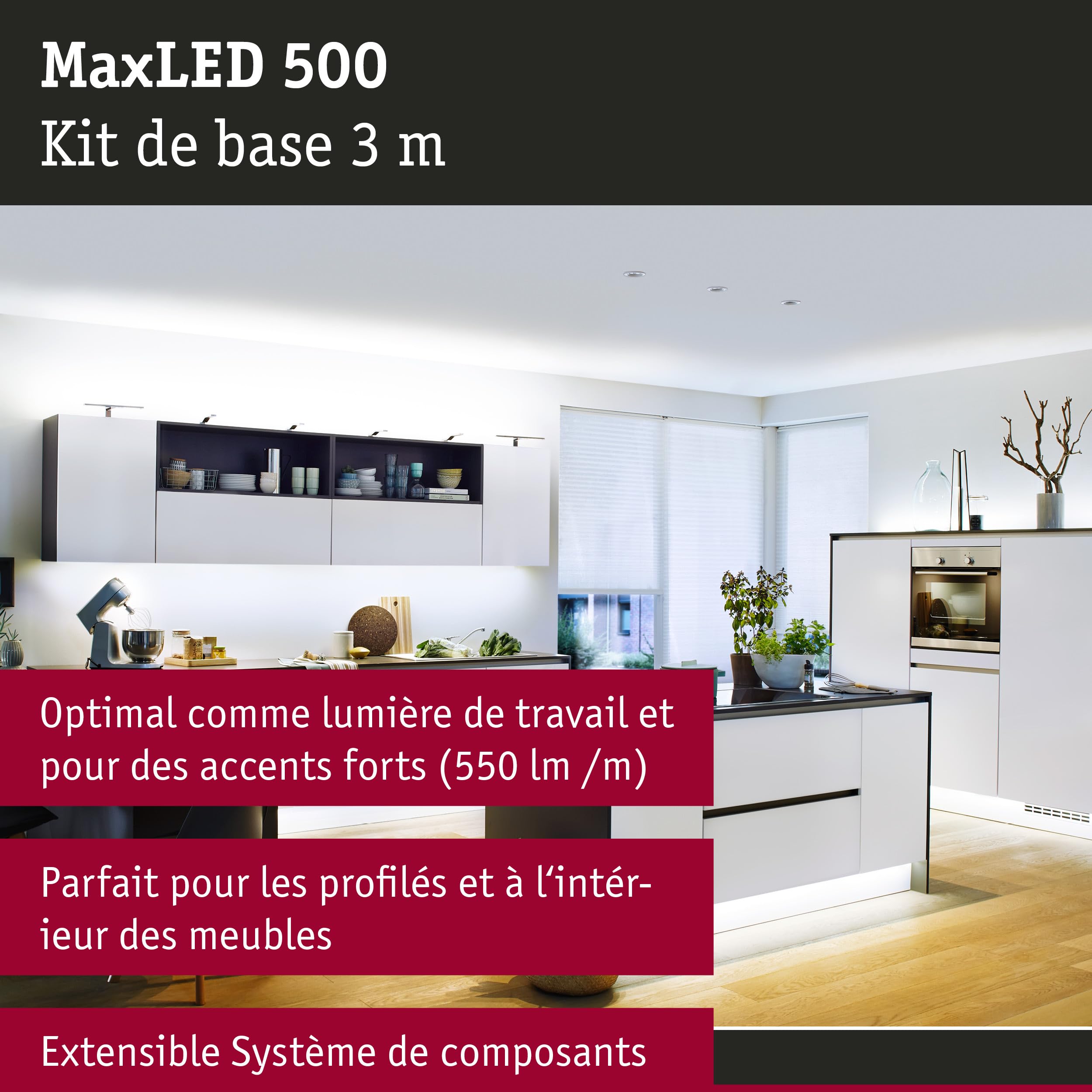 Paulmann 70580 LED Strips MaxLED 500 kit de base incl. 1x17 watts gradable bande lumineuse Argent barre lumineuse Métal bande LED 6500 K