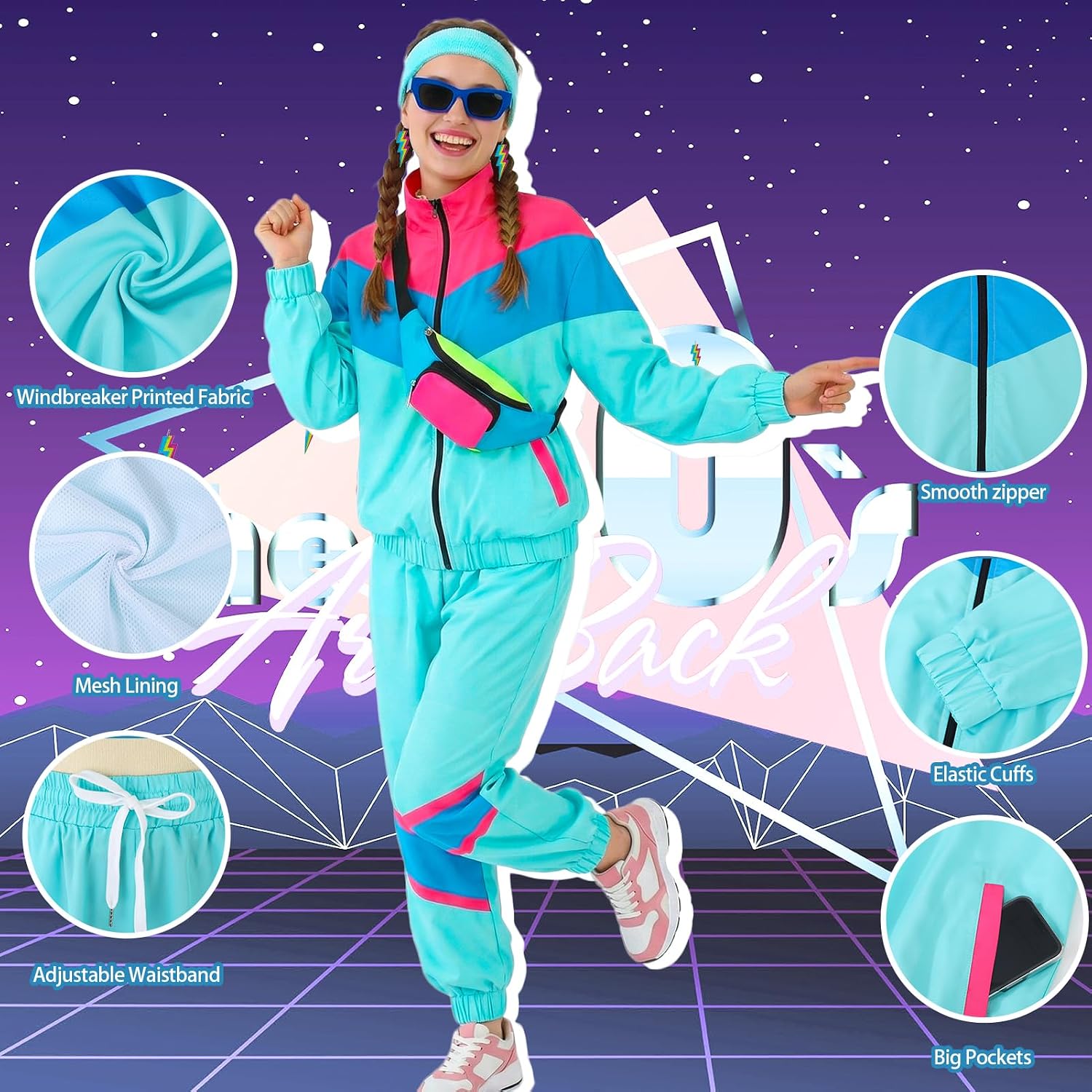 80s Outfit for Women 80s 90s Tracksuit Costume Set Color Block 3D Digital Printed Sportswear Windbreaker Outfits Waistbag