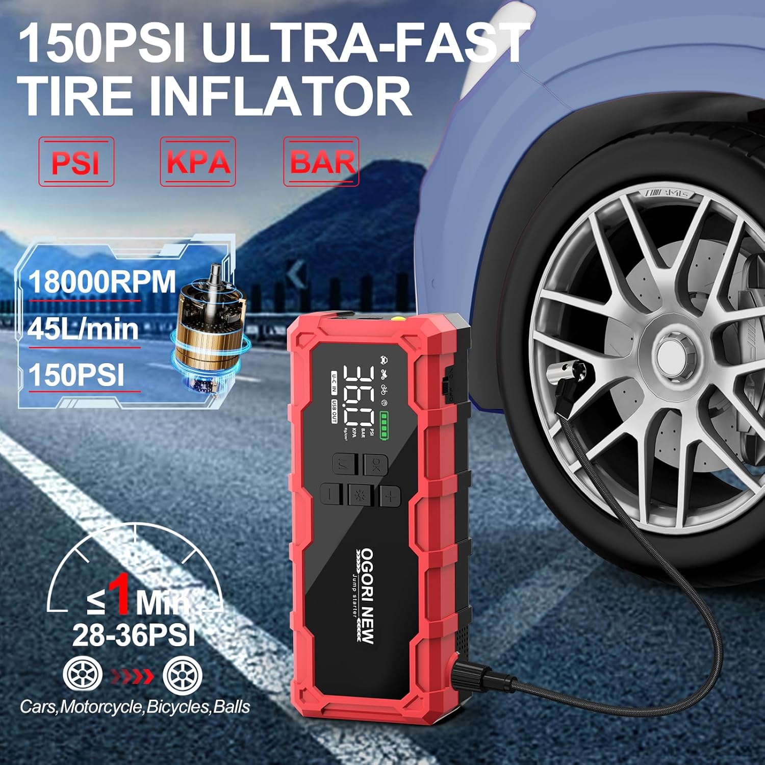 7000A Jump Starter with Air Compressor, 21800mAh 150PSI Portable Car Battery Jump Starter (All Gas/16L Diesel), 12V Supersafe Jump Box Car Battery Booster with Jumper Cables, Lights - Image 4