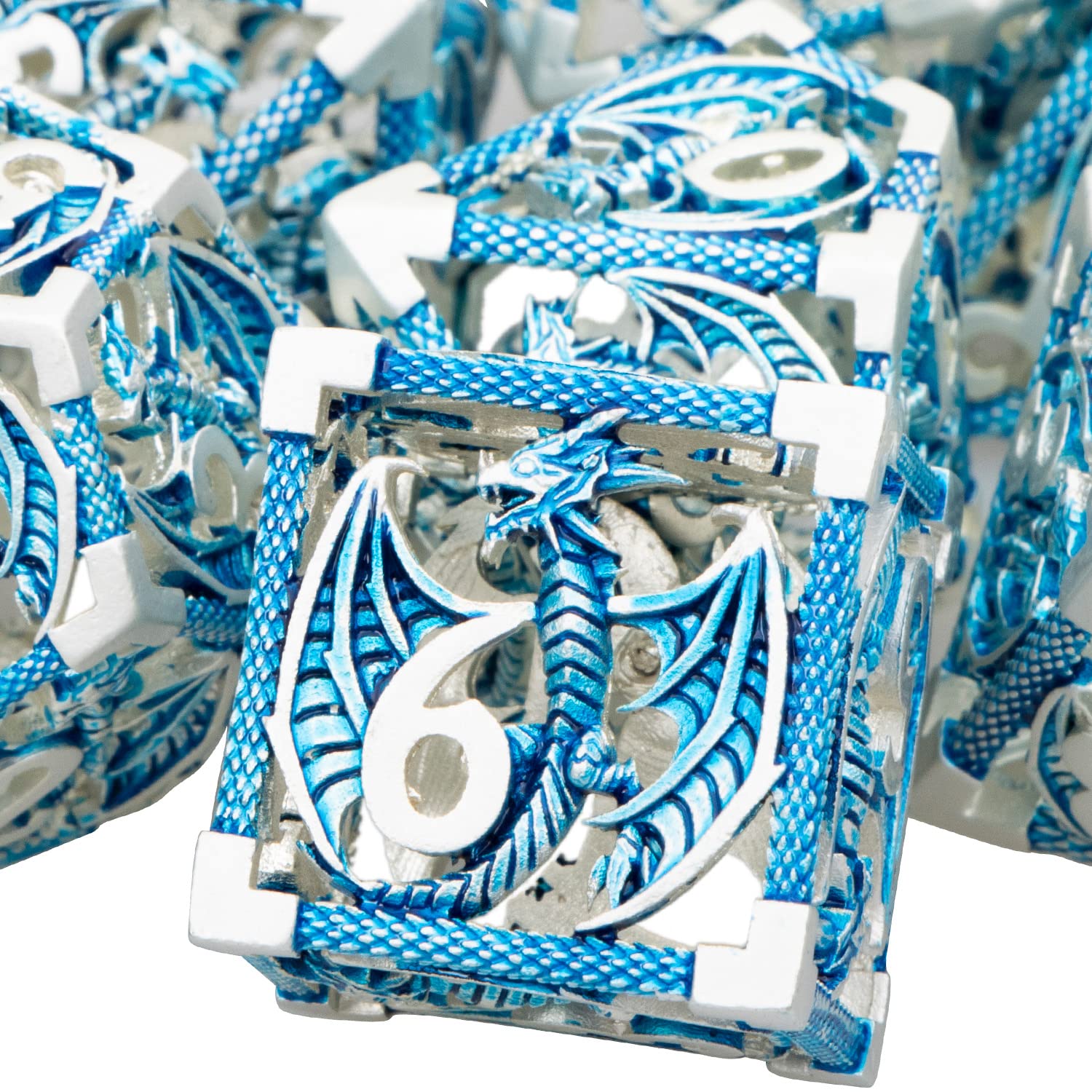 ARUOHHA Hollow DND Dice Set 7PCS Silver Blue Metal Dragons Dice with Gift Box, D and D Dice RPG Role Playing Games, Dungeons Polyhedral Dice Set D20 D12 D10 D8 D6 D4