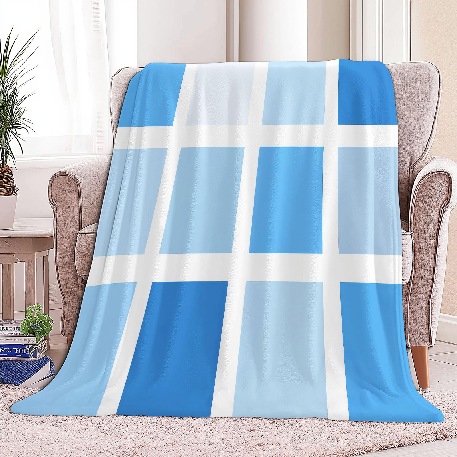 Przytulny koc 150 x 200 cm, geometryczny koc kwadratowy, flanelowy, przytulny, koc na kanapę, ciepły koc do przytulania, na 4 pory roku, lekki koc na sofę, niebieski