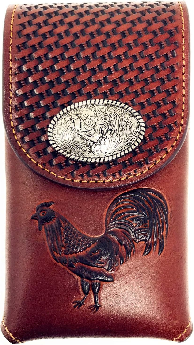 Texas West Western Cowboy Tooled Basketweave Leather Rooster Concho Belt Loop Cellphone Holster Case in 2 Colors (Brown)