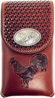 Texas West Western Cowboy Tooled Basketweave Leather Rooster Concho Belt Loop Cellphone Holster Case in 2 Colors (Brown)
