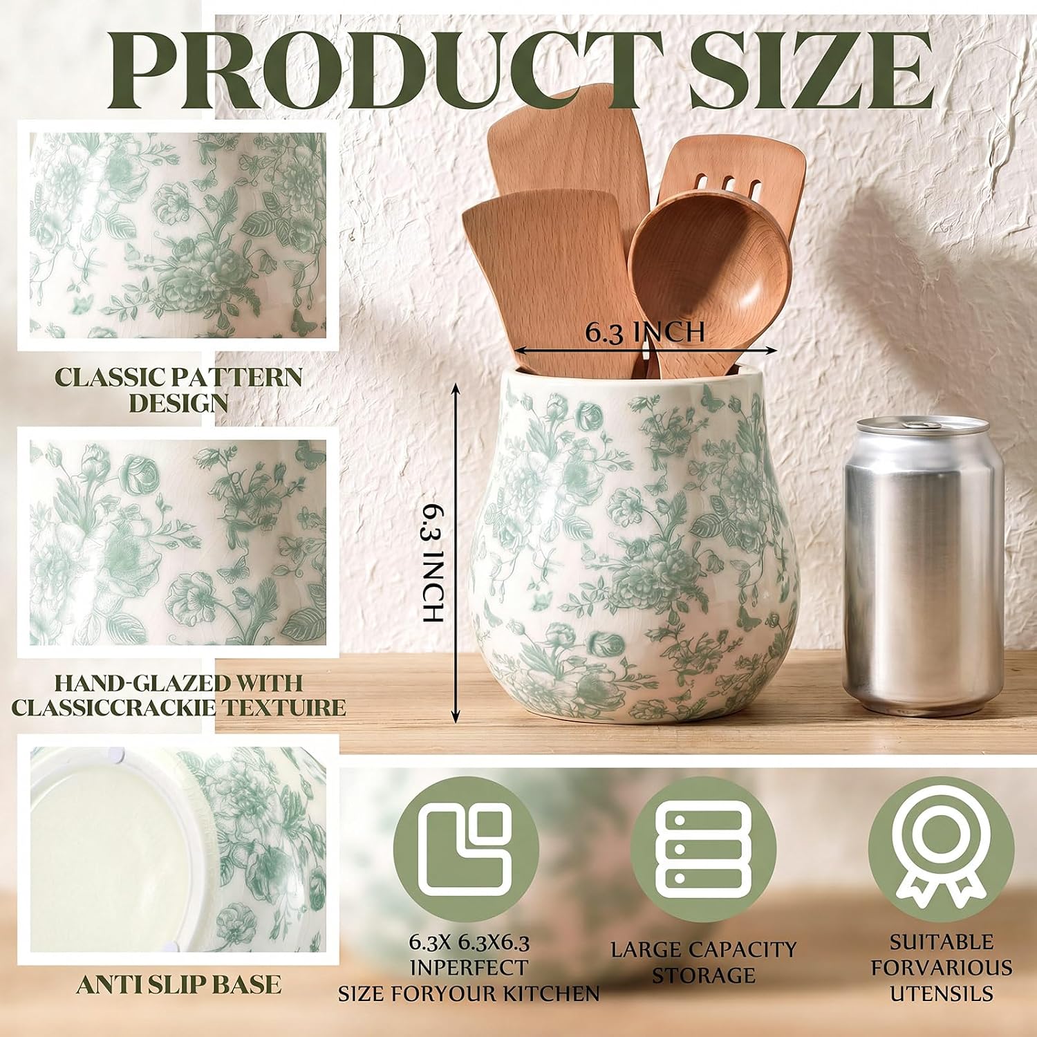 Sage Green Floral Ceramic Utensil Holder for Kitchen Counter 6.3" Chinoiserie Floral Rustic Utensil Crock for Home Kitchen Countertop Storage Organizer Container
