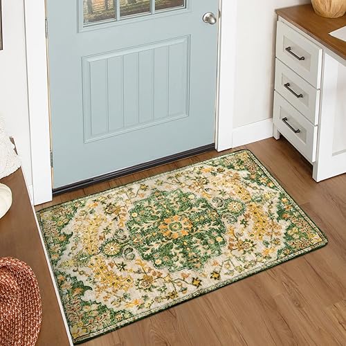 Miniatura 387 de Lahome Alfombra bohemia con medallón floral de 3 x 5 pies, suave, impresa, para baño, cocina, entrada, vestíbulo, vintage, antideslizante, lavable