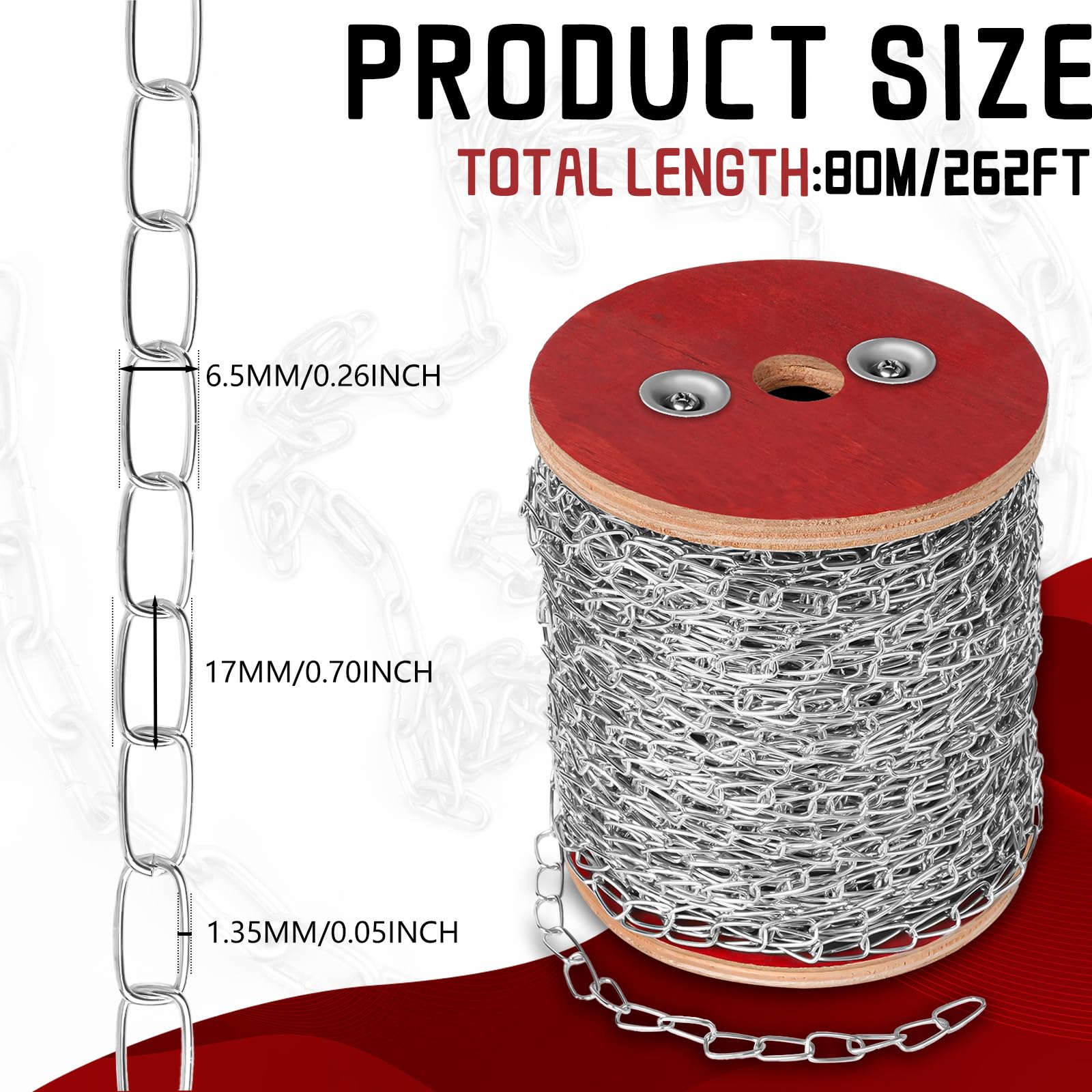 VAIPI Cadena de acero inoxidable resistente de 266 pies, cadena de bobina de metal, carrete de cadena de utilidad para colgar cestas, comederos de pájaros, lámparas, camping, remolque de mascotas