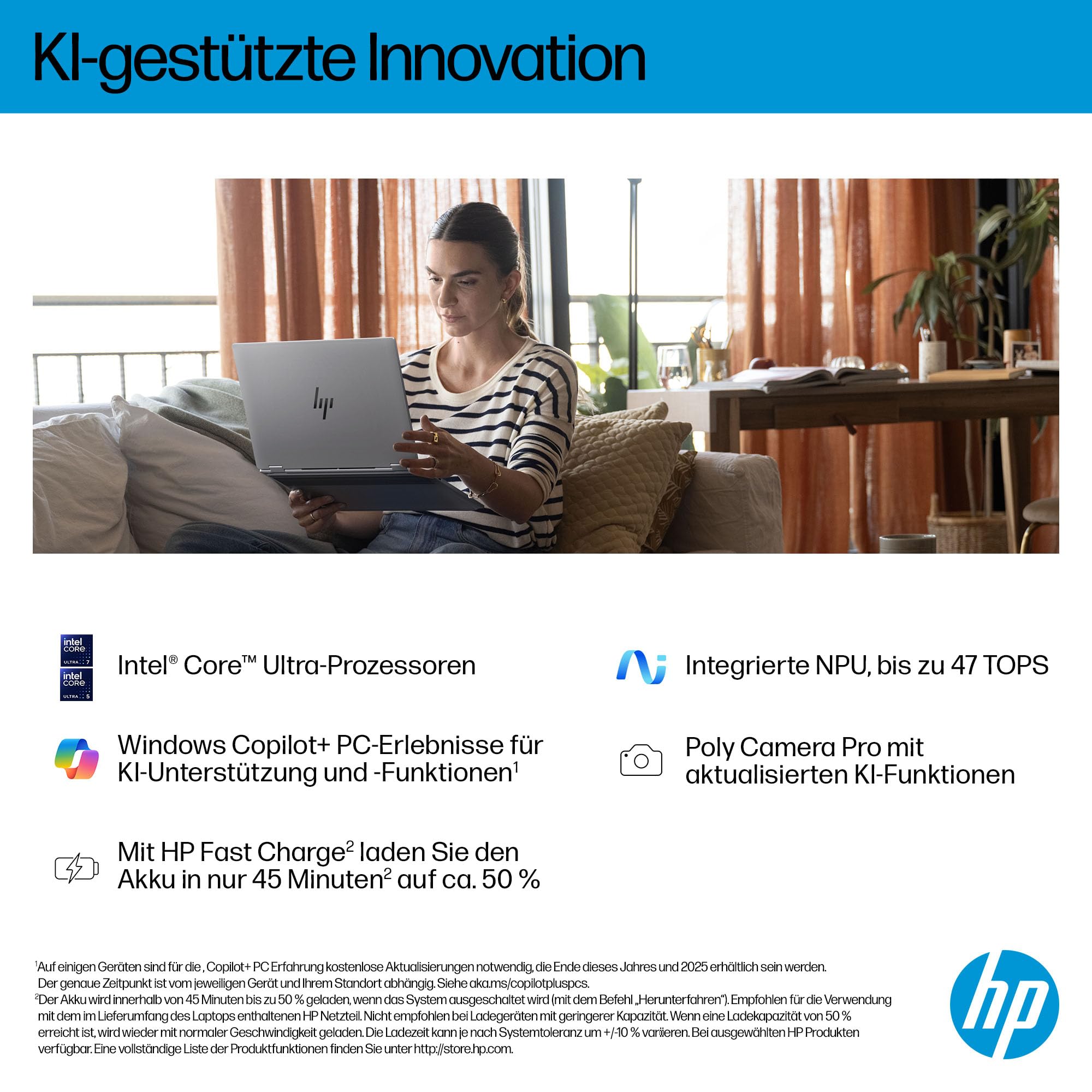 HP OmniBook X Flip 2-in-1 Laptop (16" 2K Touchscreen, Intel Core Ultra 5, Copilot+, 16GB RAM, 512GB, Win 11, QWERTZ) - Silber