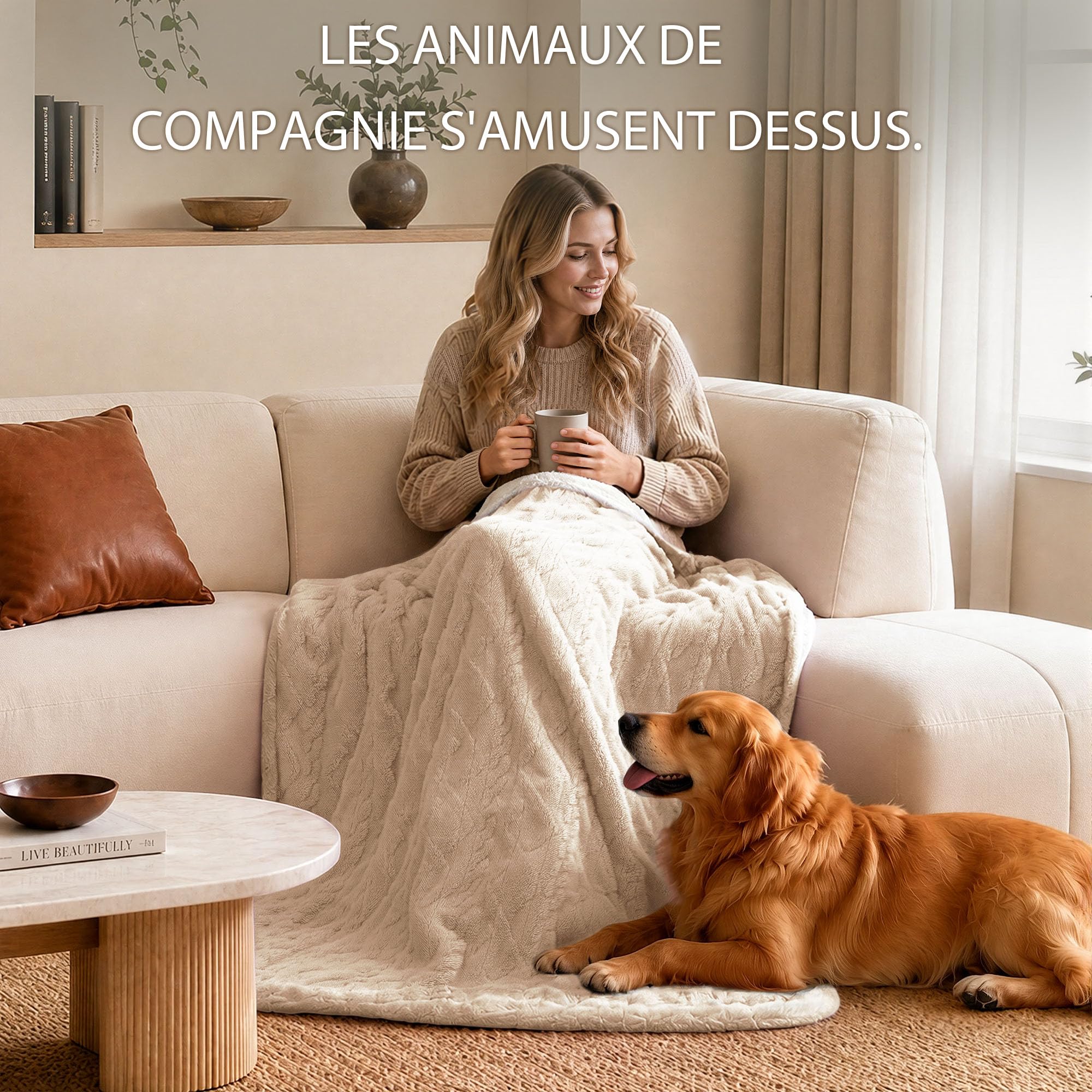 Couverture Chauffante 130x160cm, Couverture Douce Lavable,Beige