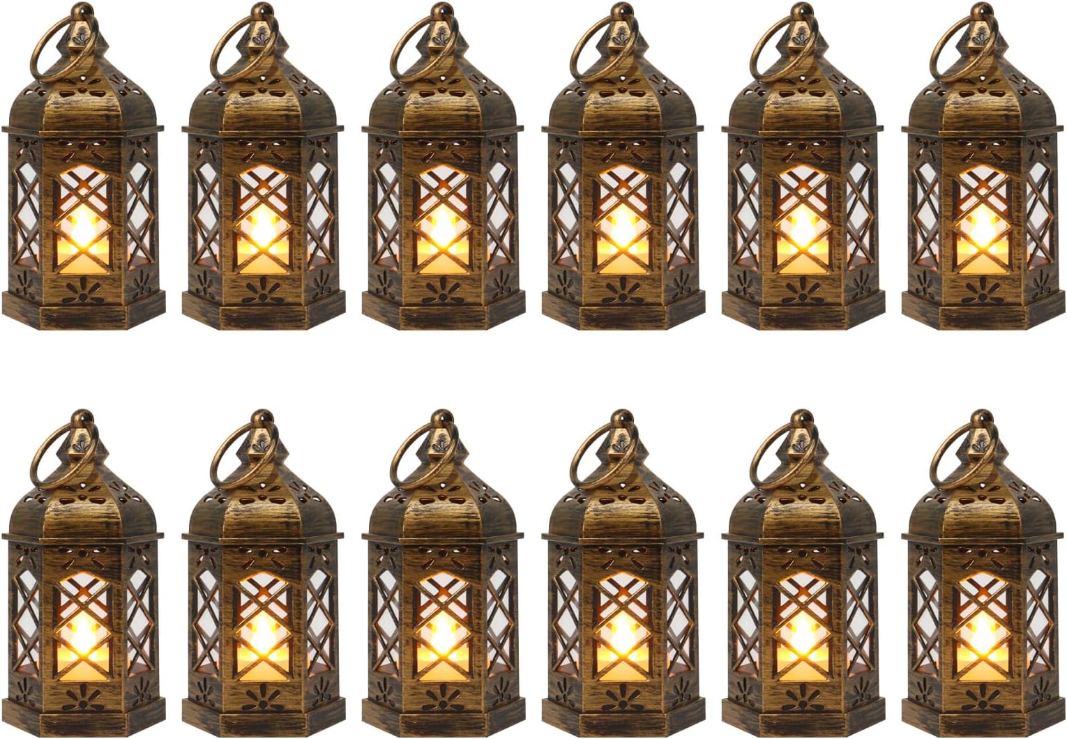 Mini Lantern with LED Candle, 12PCS Small Lanterns Decorative Indoor, Vintage Moroccan Lantern for Ramadan Decorations, Hanging Decor for Wedding Christmas, Table Centerpiece, Brushed Brass