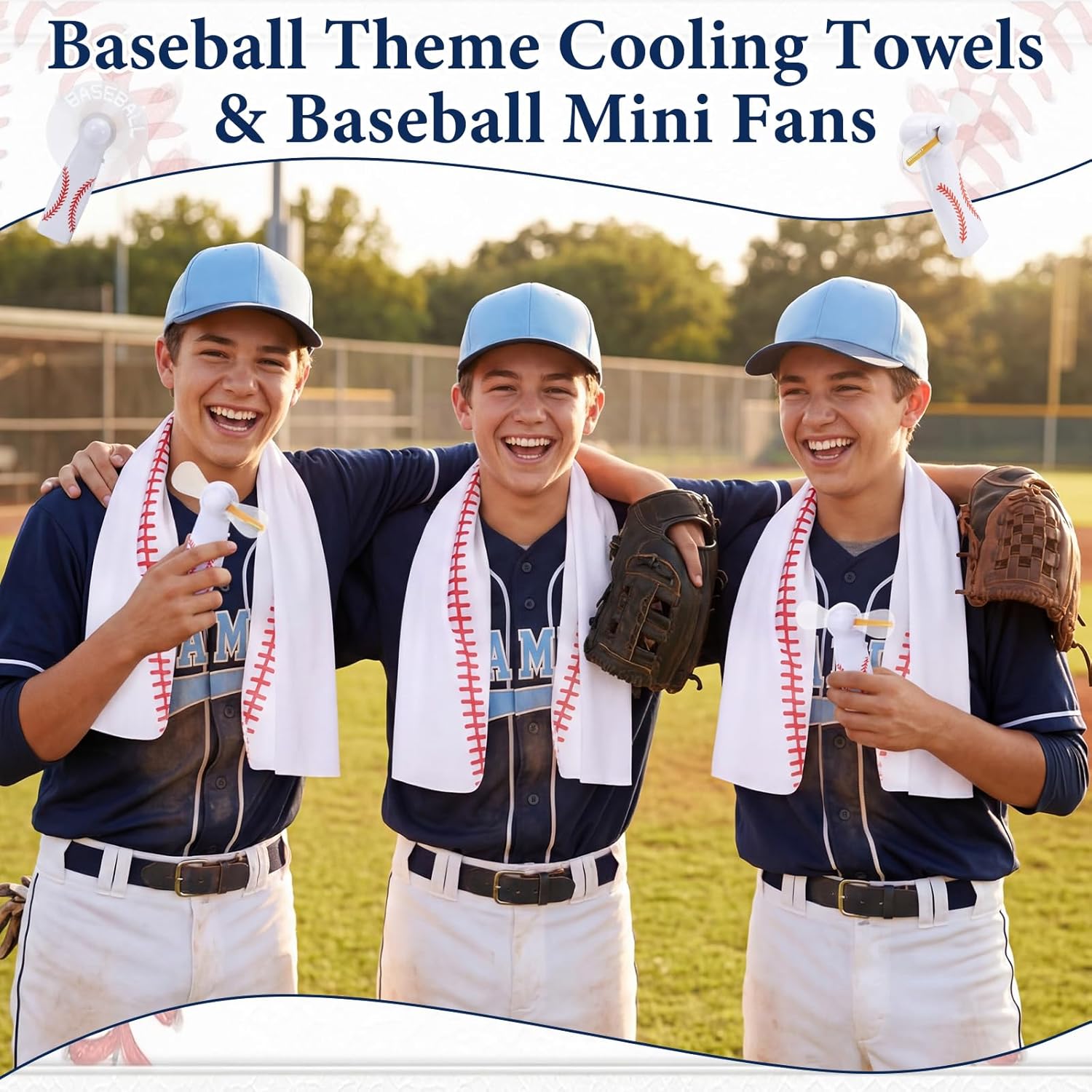 24 Pcs Baseball Gifts Bulk Includes 12 Pcs Baseball Cooling Towels 40"x12" Microfiber Ice Towel and 12 Portable Mini Handheld LED Fan for Team Gift Sport Party Favors Battery Not Include