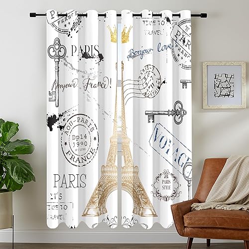 MESHELLY Cortinas opacas de la Torre Eiffel de París, 29 pulgadas de ancho x 63 pulgadas de alto, cortinas con ojales, color negro y dorado,