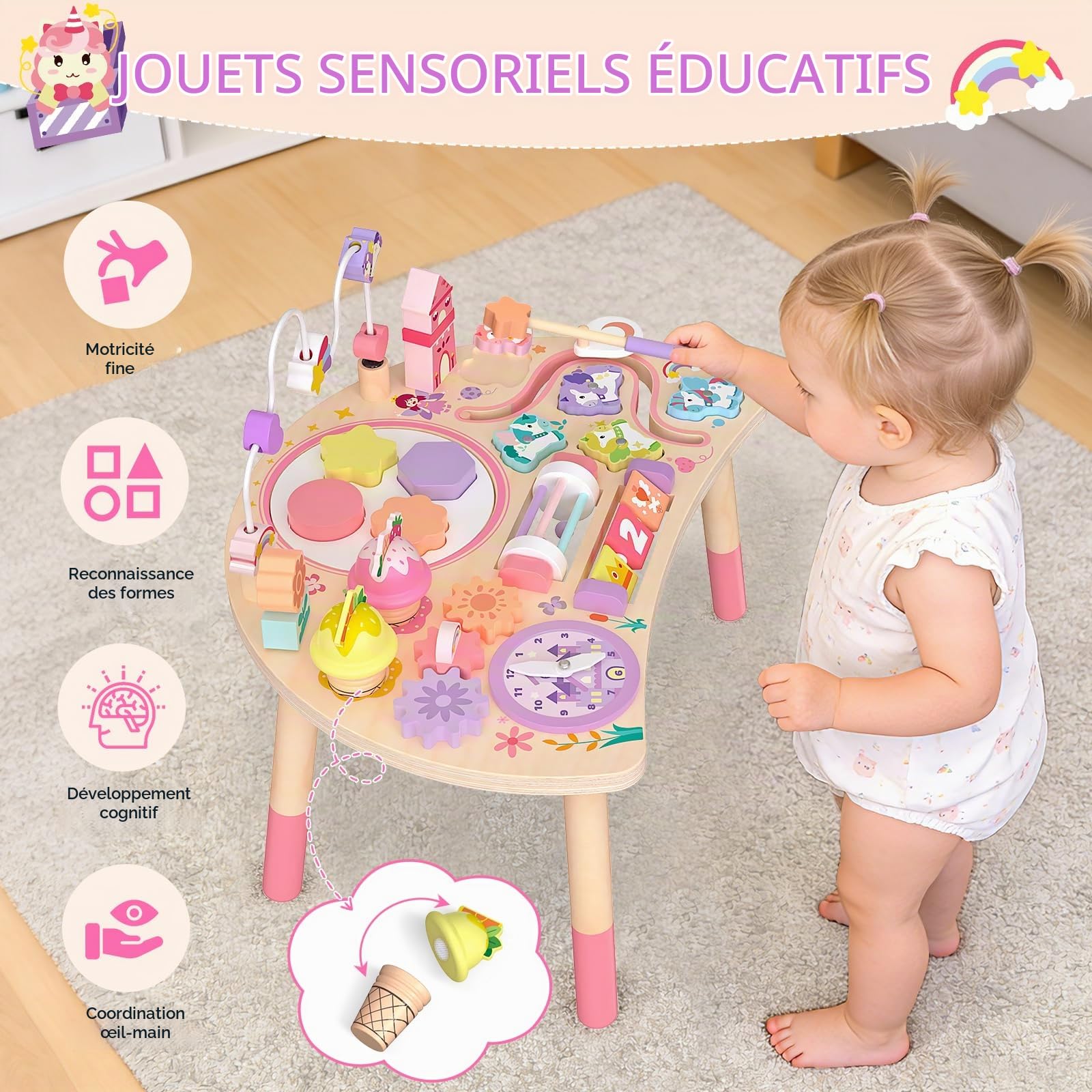 Table d'Activité Montessori en Bois 10 en 1 Licorne dès 18 Mois | Manipuler, Trier, Tourner et écouter Aide la Motricité Fine Dans Les Jeux Quotidiens
