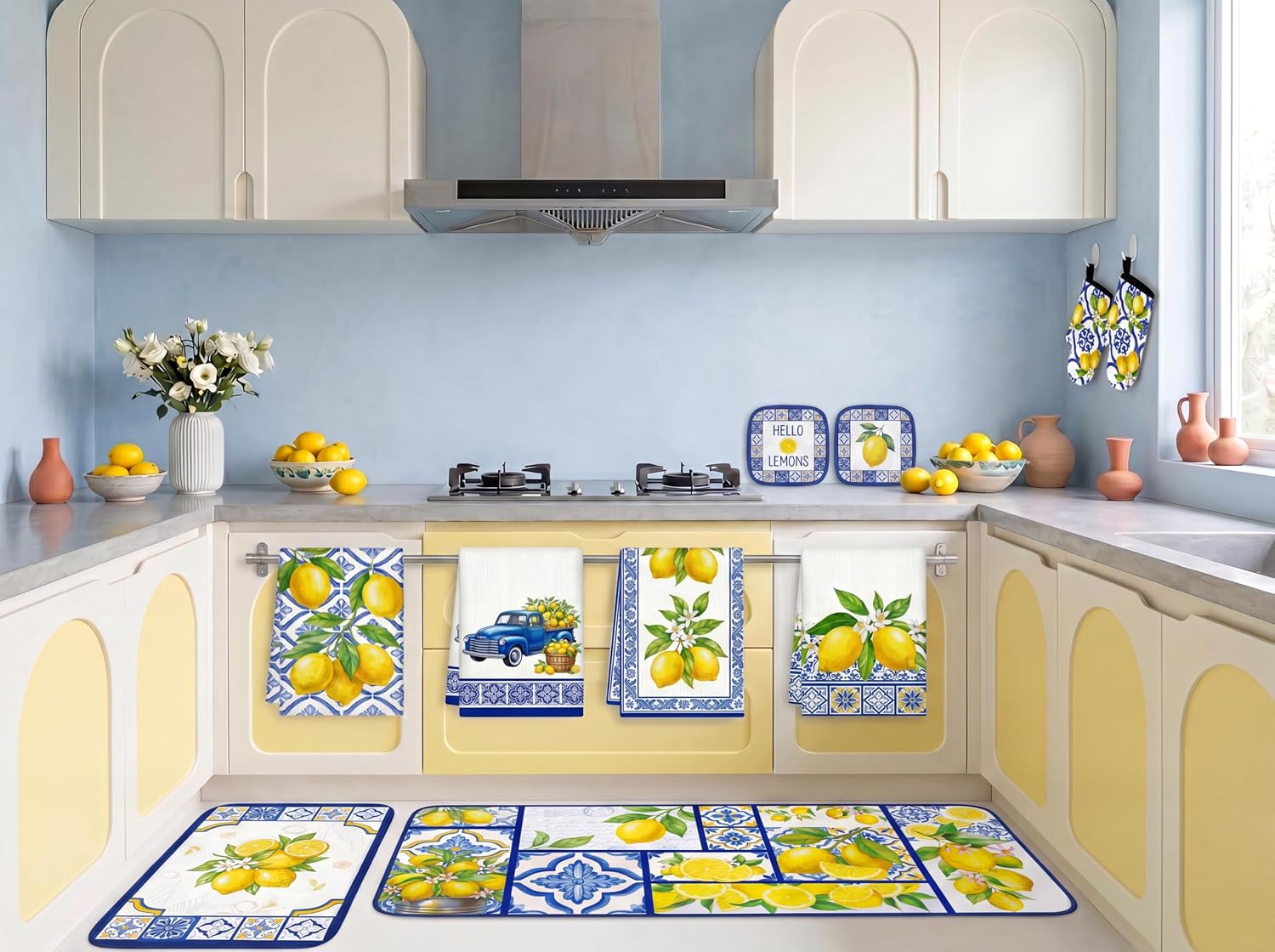 Tieshankao 10Pcs Lemon Kitchen Decor Set Italian Capri Tiles Yellow Blue Towels Pot Holders Oven Mitts Mats for Summer Home Baking Gifts