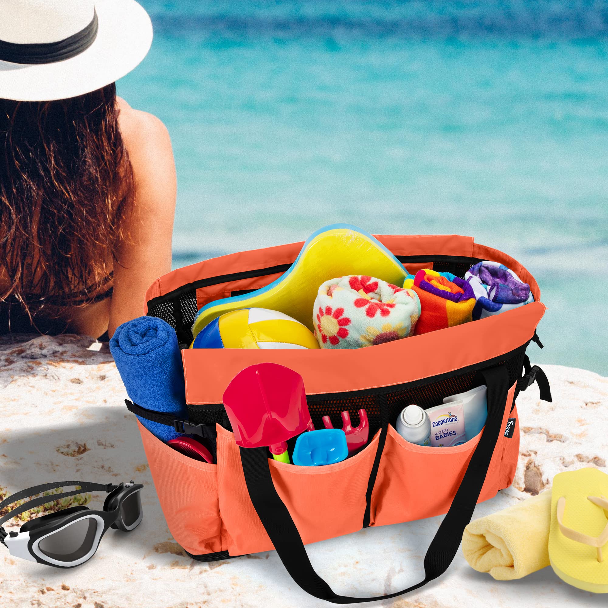 Fasrom Bolsa de Playa de Malla Extra Grande con Cremallera, Naranja | Apertura Inferior Sacude Arena, Bolsillo Impermeable, 6 Bolsillos, Correas Acolchadas, Bolsa Gran Tamano