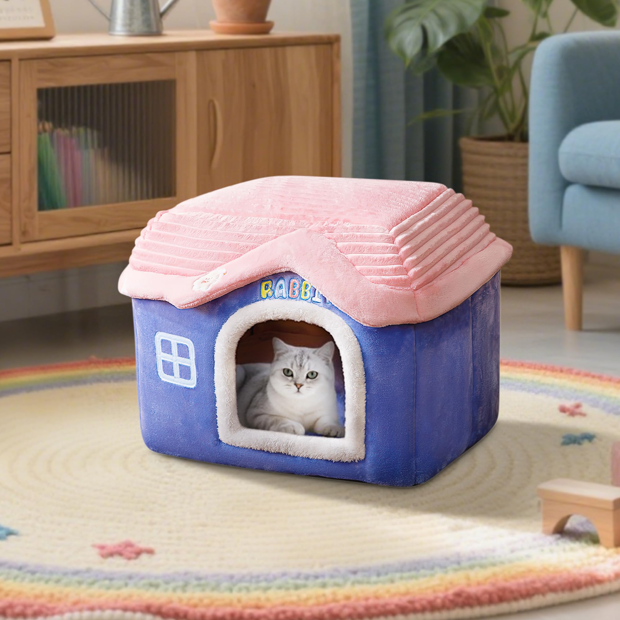 ALLSOPETS Cuccia per Gatti da Interno e Casa Pieghevole per Cani, Cuccia Calda Invernale con Cuscino Rimovibile e Fondo Antiscivolo per Cuccioli e Gattini (Blu, M)