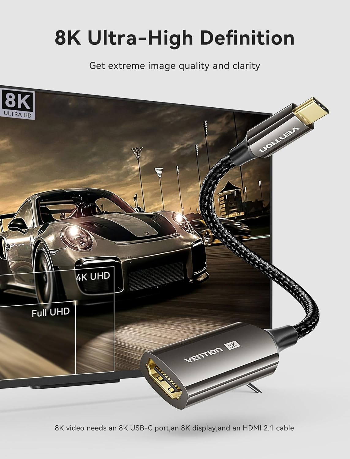 Adapter connected to a laptop displaying 8K content on a monitor