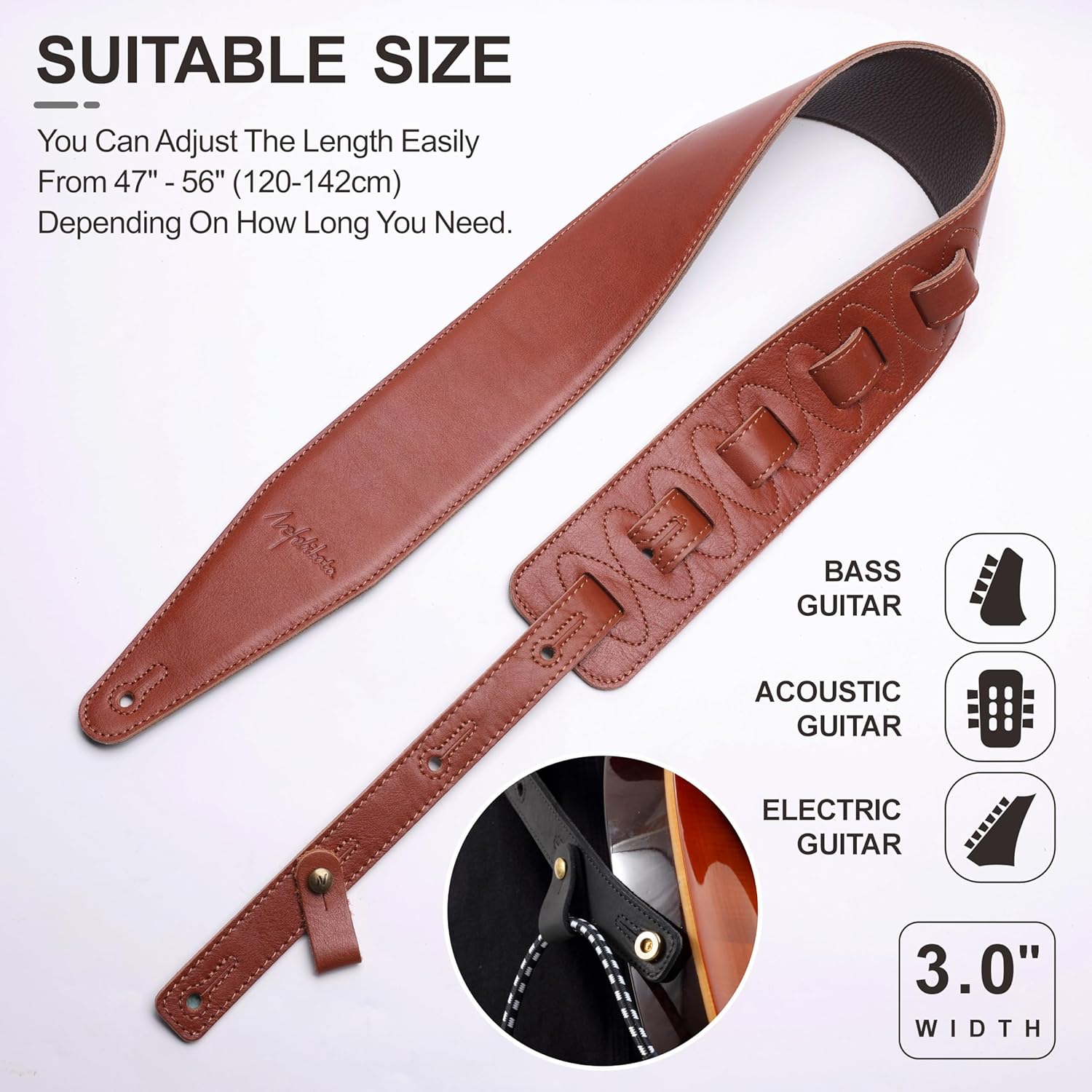 Nefelibata 3" Wide Guitar Strap, Full Grain Italian Leather Adjustable Guitar Straps with Foam Padding for Bass, Electric, and Acoustic Guitars