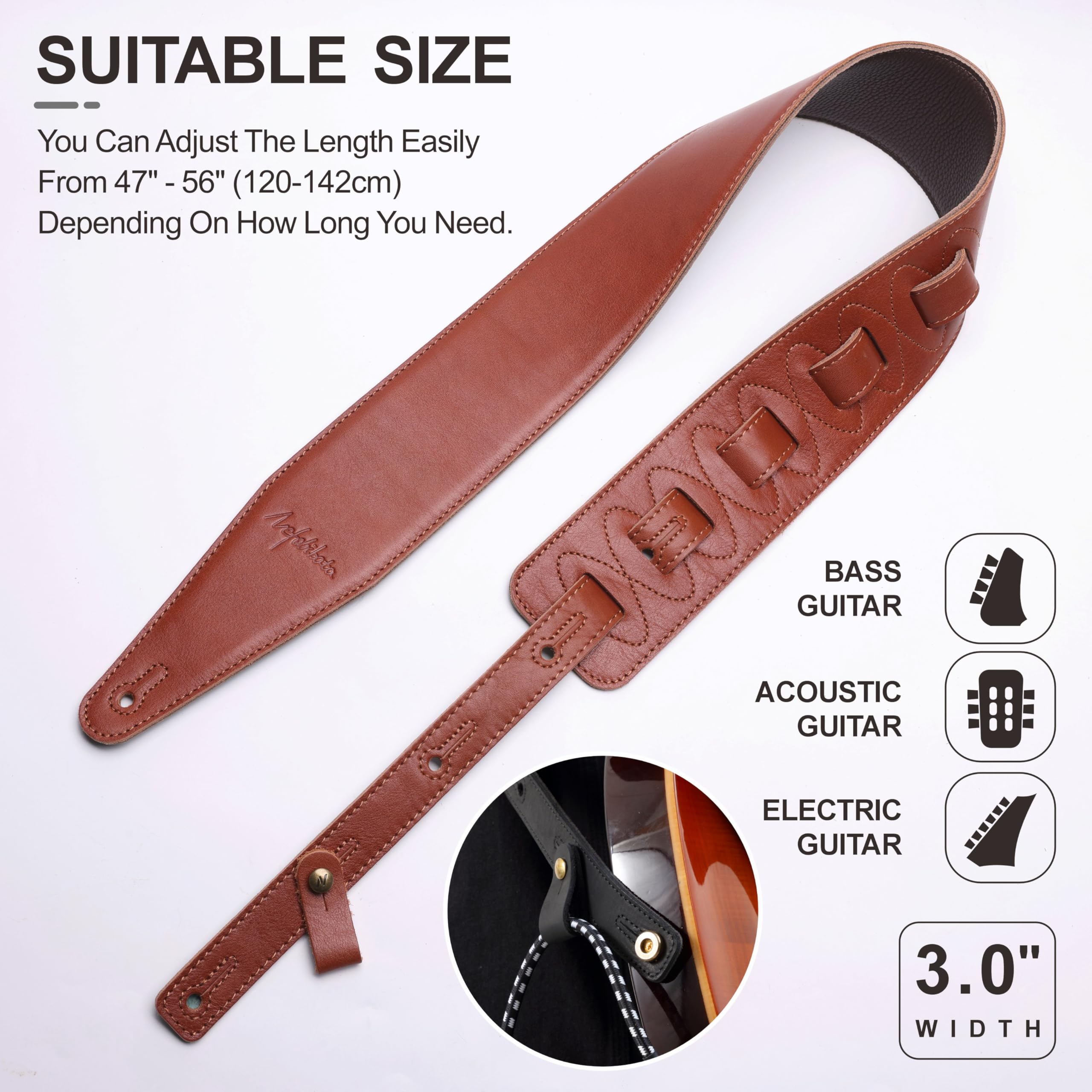 Nefelibata Correa de guitarra de 3 pulgadas de ancho, correa ajustable de piel de grano completo con acolchado de espuma para bajo, eléctrico y acústico, Marrón amarillento, Einstellbar von 47" bis 56