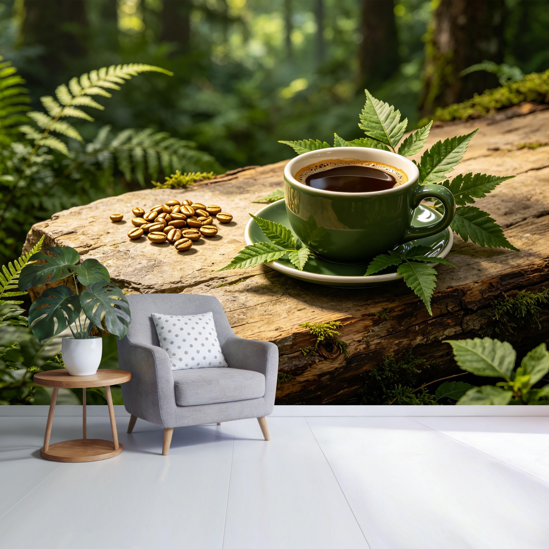 Custom Size Wall Mural Forest Coffee Cup on Wooden Log Botanical Nature Morning Scene SelfAdhesive Wall Fabric Removable Wallpaper for Home Office Decor