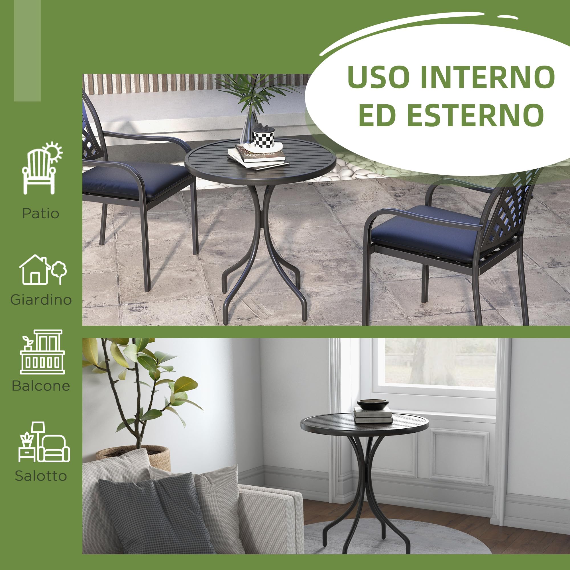 Outsunny Tavolo da Giardino Rotondo Ø66cm, Tavolo da Esterno, Nero | in Acciaio, Piano a Doghe, per Balcone e Terrazza