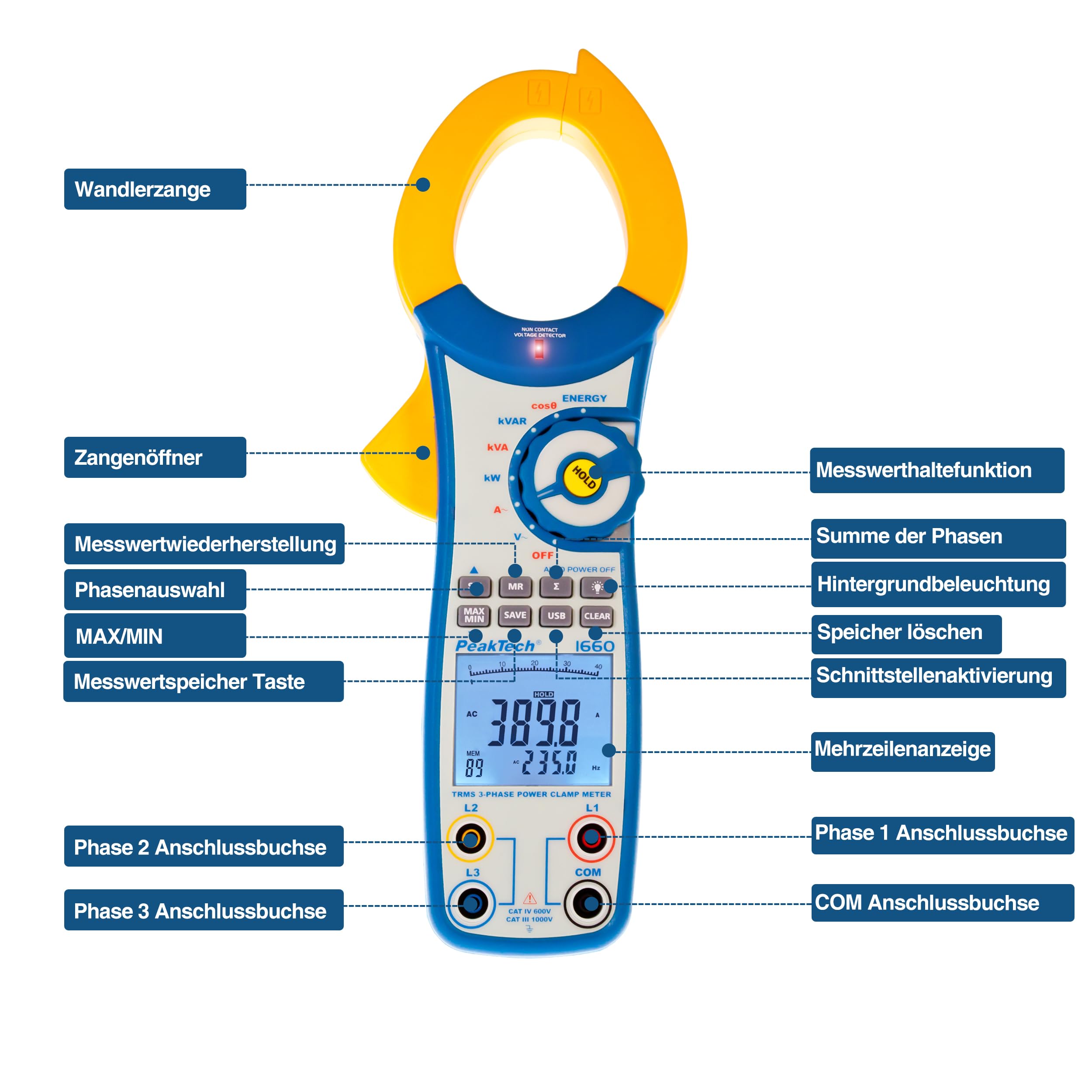 Peaktech P 1660 – Pinza Amperometrica Efficiente con USB, 1000A Ca, 9999 Conteggi, Multimetro Digitale per Kw, kWh, Kva, Tüv/Gs, Pinza Amperometrica, Voltmetro senza Contatto, Tester di Continuità