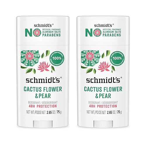 Schmidt's Desodorante vegano sin aluminio, flor de cactus y pera con protección contra olores las 24 horas, 2 unidades para mujeres y hombres,