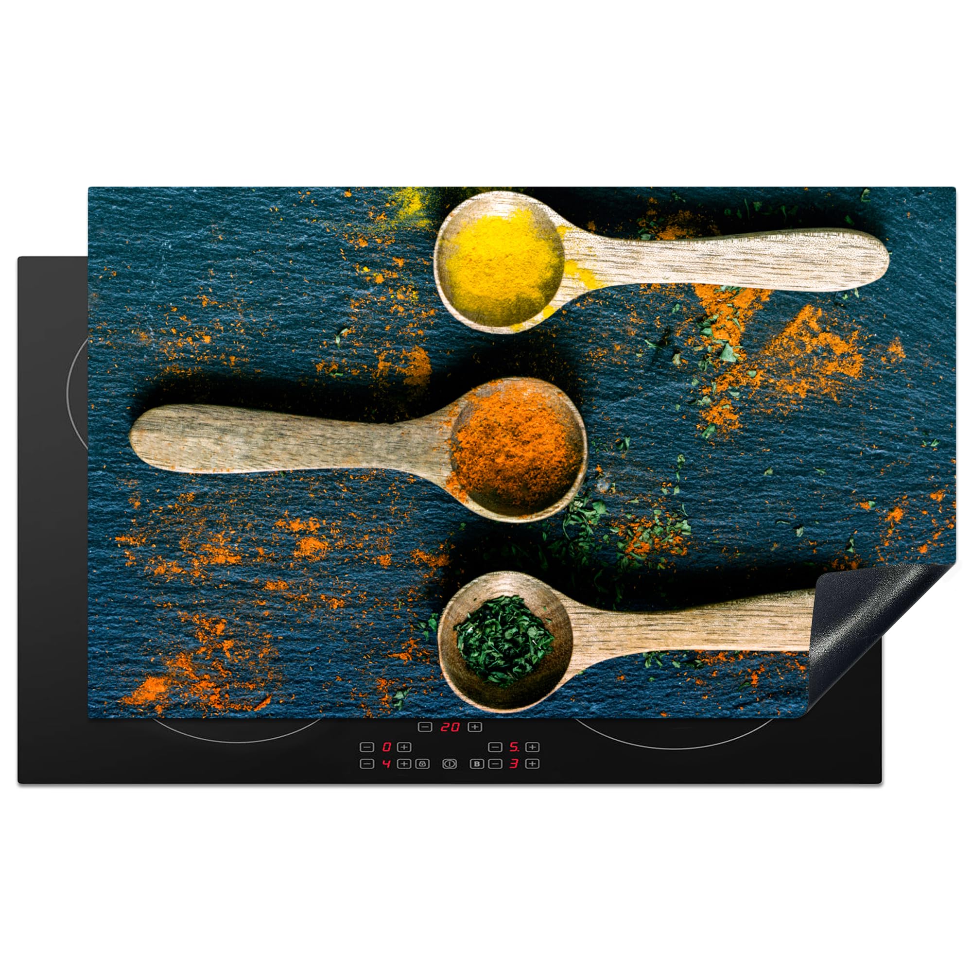 KitchenYeah© Induction Hob Protector Mat 20.5"x33.5" / 85x52 cm Stove Cap Top Cover Kitchen Cooker Covers for Electric Hobs Vinyl Spices - Spoon - Herbs - Brown - Yellow - Green