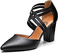 Trary Women's Low Heels Pumps Chunky Closed Pointed Toe Block Heels for Women Dress Shoes Elastic Crisscross Strappy 3.5 Inch Comfortable for Wedding Bridal