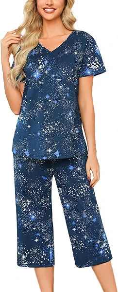 ENJOYNIGHT Womens Pajama Sets Cotton Summer Pjs Tops with Capri Pants Sleepwear