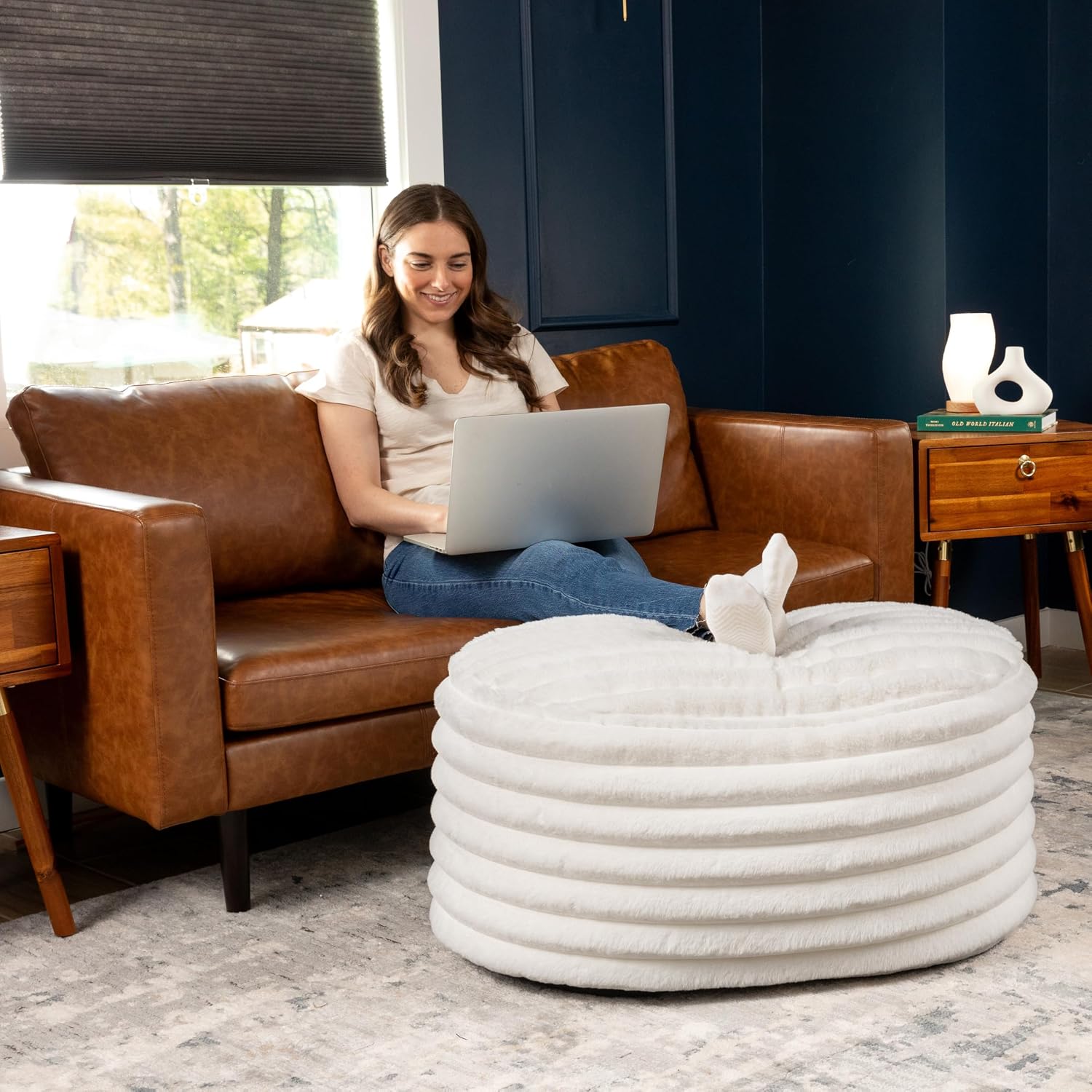 Jaxx Paran Accent Pouf - Fluffy Faux Fur Ottoman for Modern Interior Design, Large, Ivory