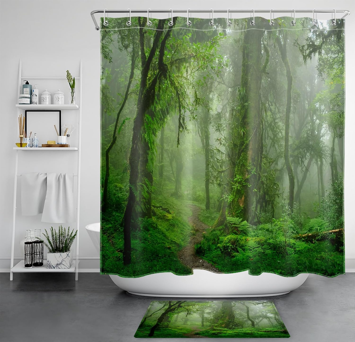 LB Tropical Rainforest Forest Shower Curtain Sets with Rugs Green Jungle Botanical Leaf Fabric Shower Curtain with Hooks Nature Scenery Outdoor Bathroom Curtains Shower Set, 72x72 inches