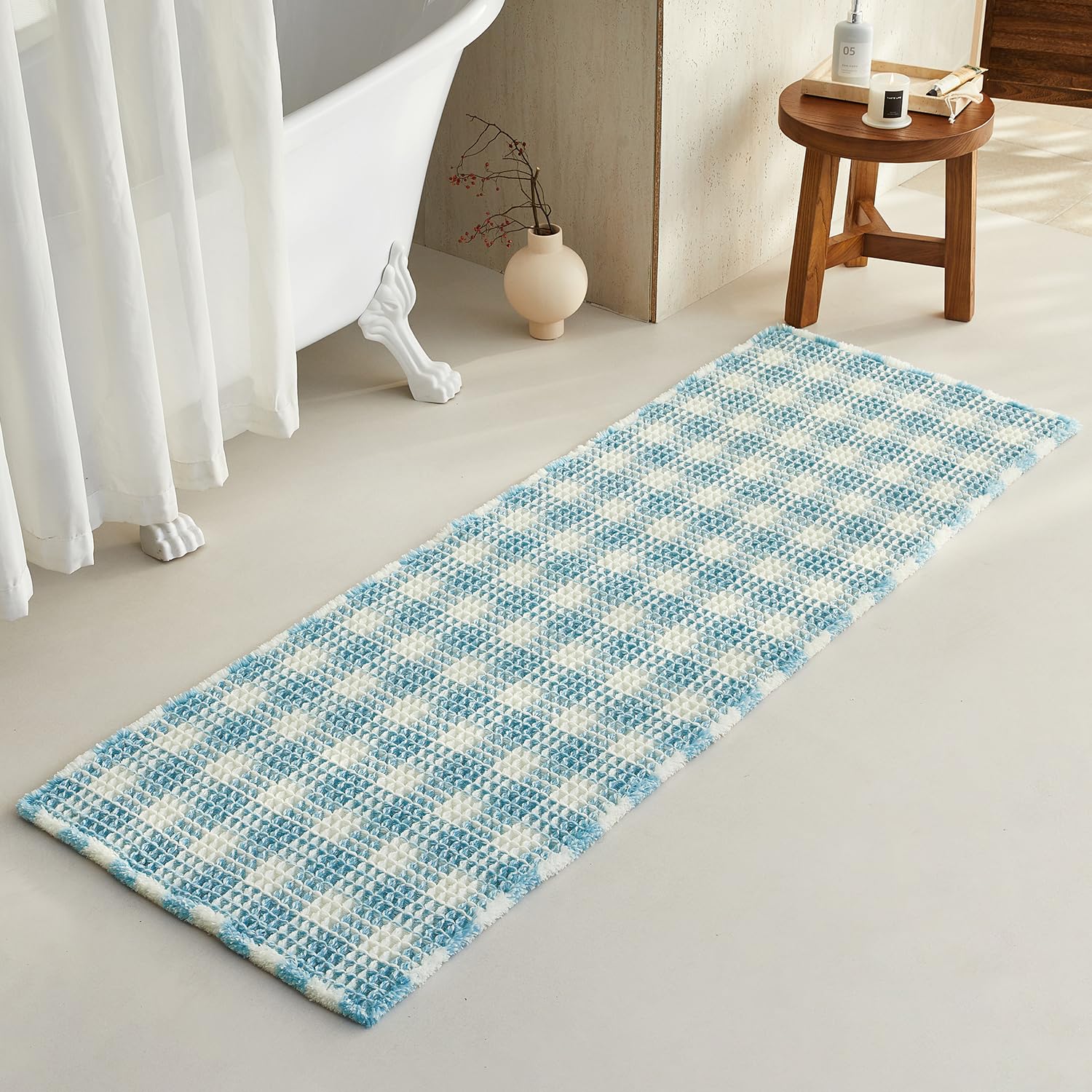 TYUU Waffle Runner Rug Bathroom, Long Cute Bath Mat, 72x24 Blue &amp; White